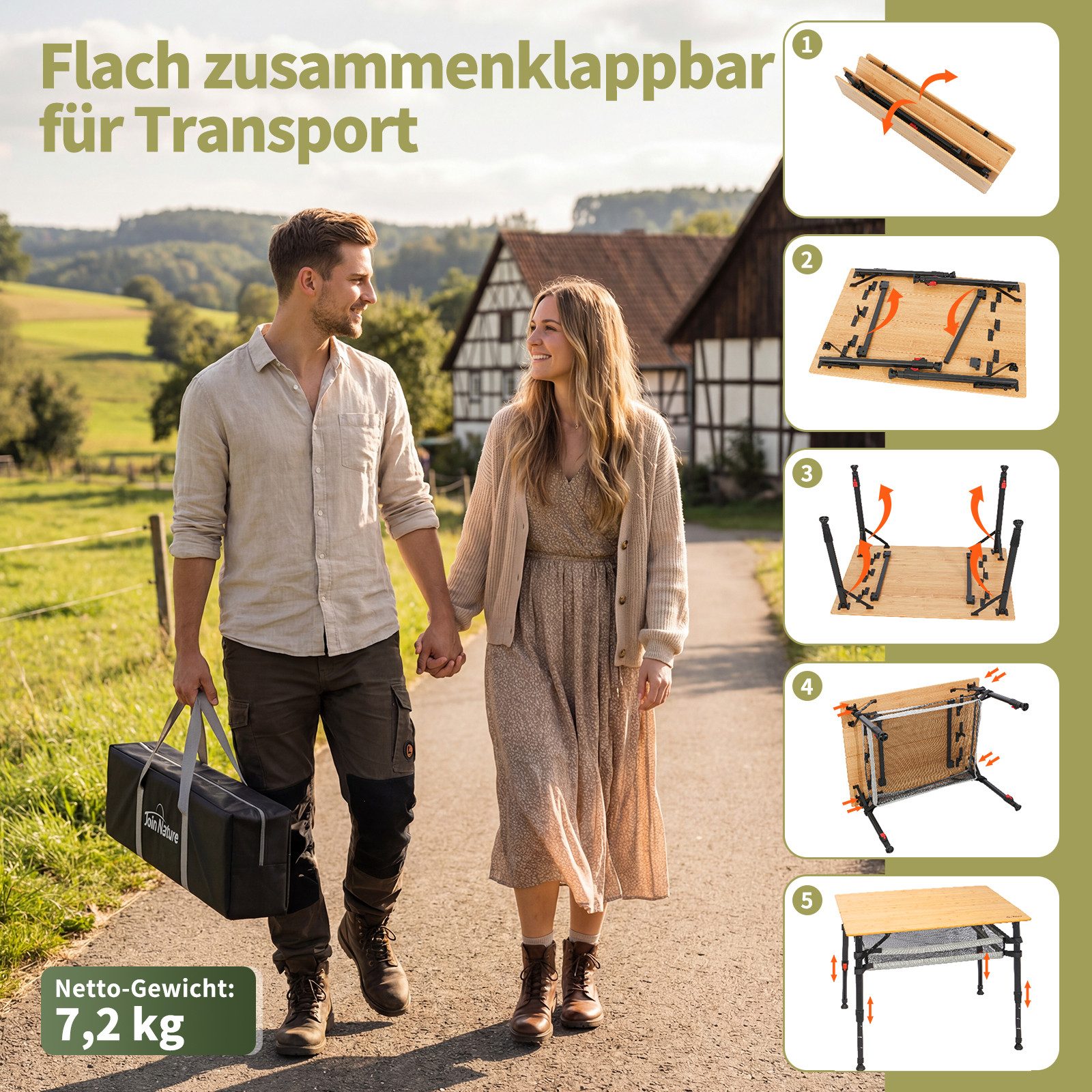 HOMECALL Klapptisch Bambus Camping-Klapptisch höhenverstellbar 47–65 cm (natürliche Bambus-Tischplatte, Aluminiumrahmen, abnehmbares Netzfach, tragbarer Outdoor – Bild 5 von 5