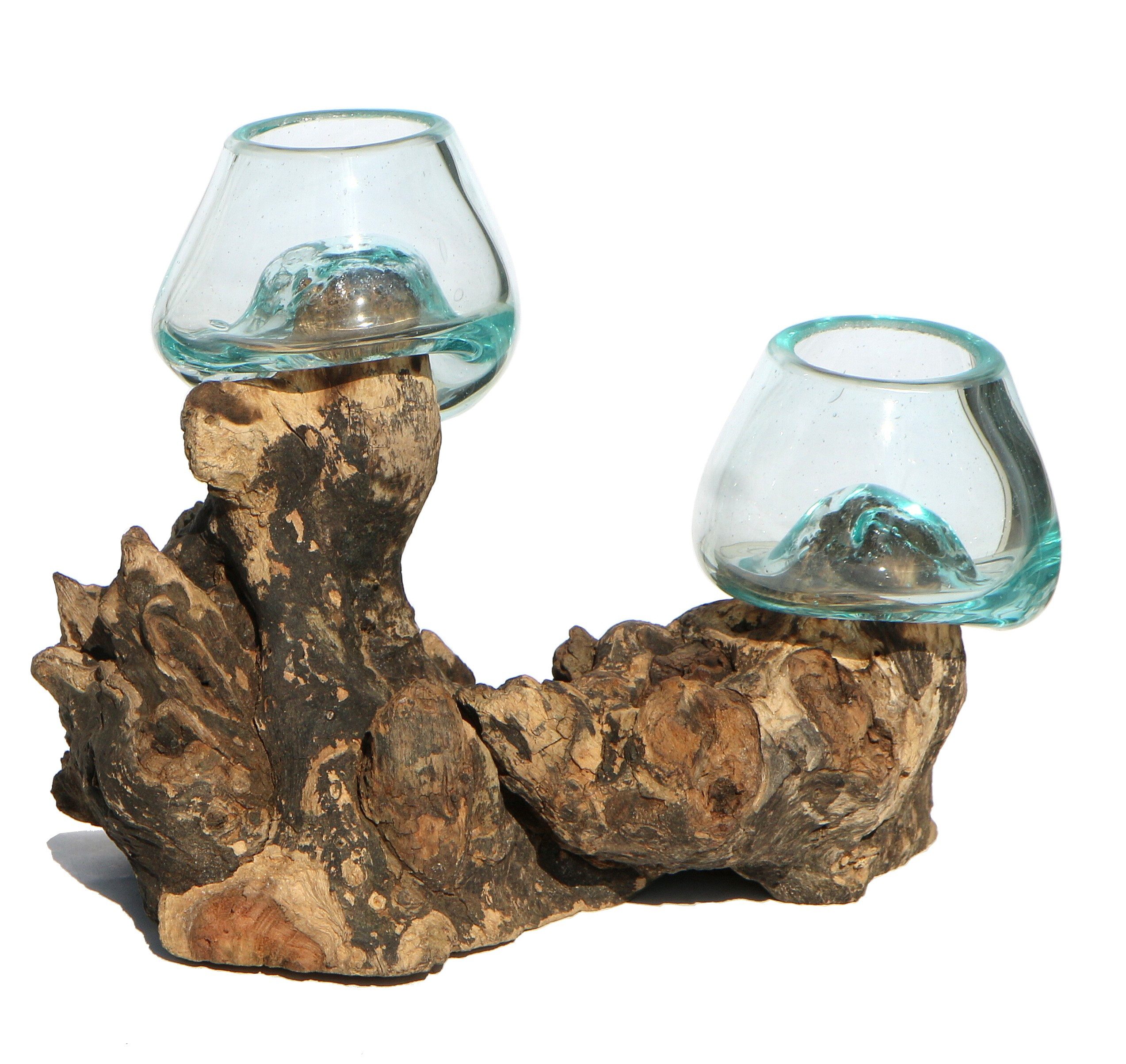 Wogeka Dekovase Doppel Glas-Vase auf Wurzel-Holz Gamal Teakholz