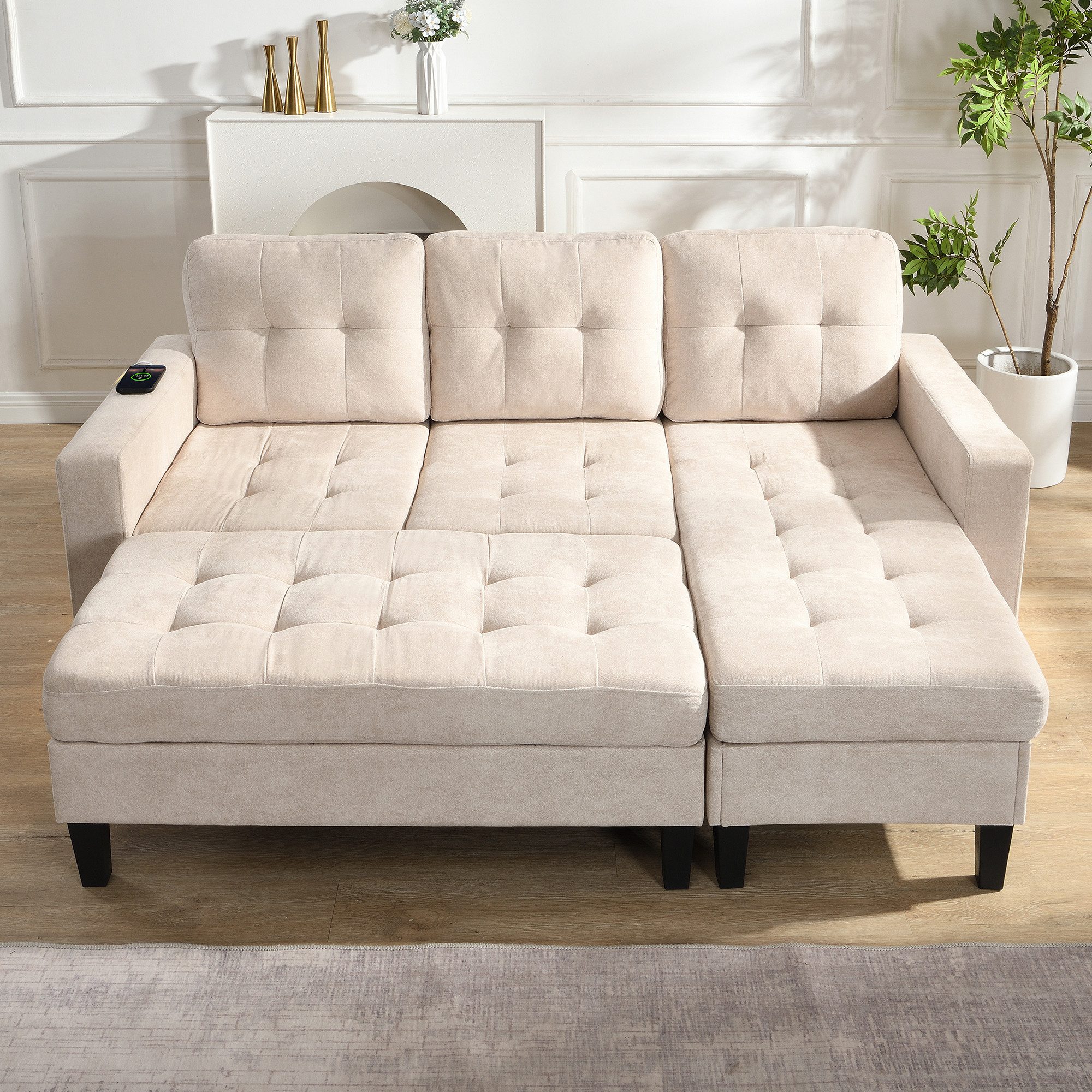 Merax Schlafsofa L-Form Sofa mit LED-Beleuchtung, 185x135x85cm, Flexibles Design,Chenille-Stoff 1 Teile, 3-Sitzer Chaiselongen mit XXL Fußbank, Modulares Sofabett Ecksofa