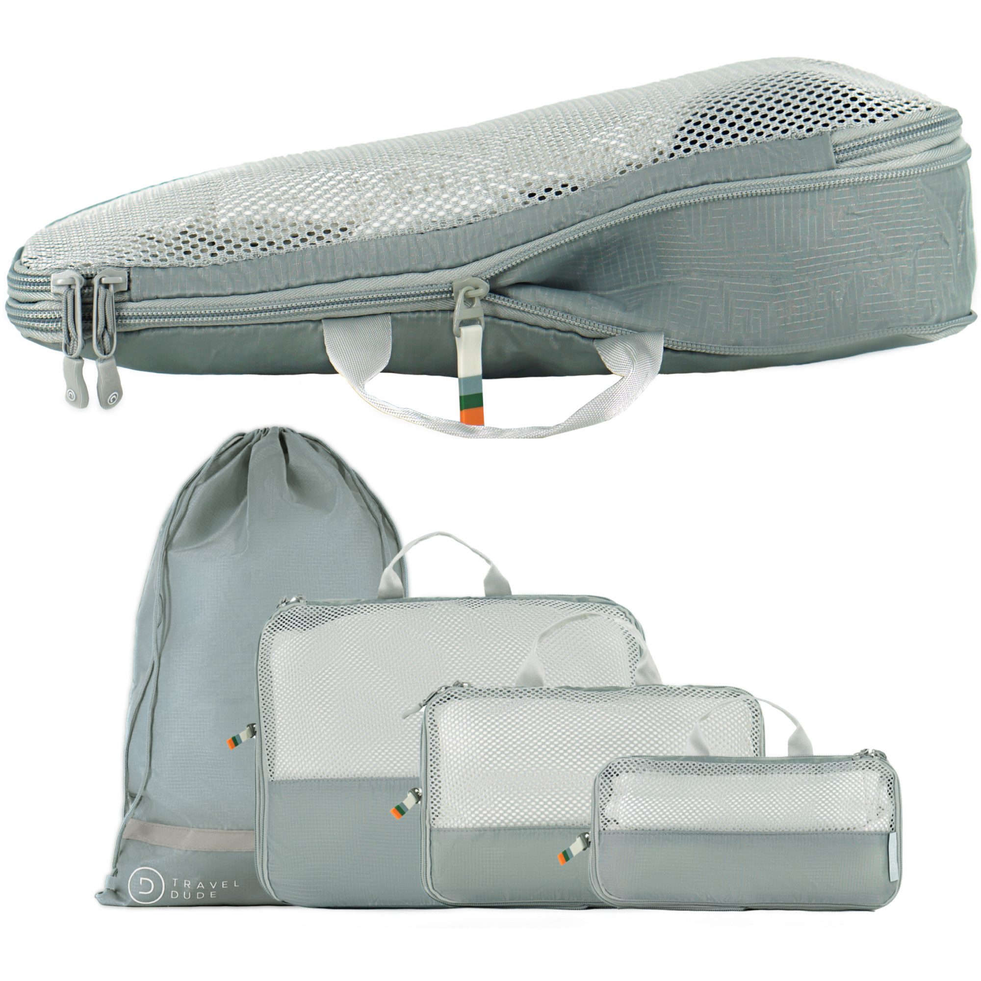 TRAVEL DUDE Kofferorganizer, Packing Cubes aus recycelten Plastikflaschen (ultraleichte Packwürfel, 4-tlg., Packing Cubes für Rucksack und Koffer, Packtaschen), mit Kompression und einem Nassfach
