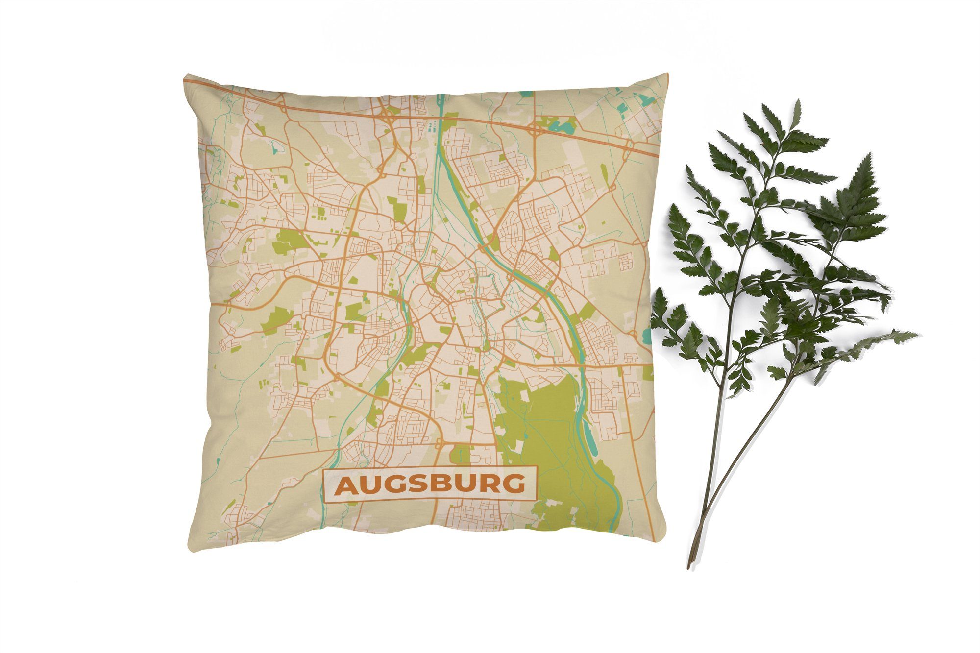 MuchoWow Dekokissen Jahrgang - Augsburg - Karte - Stadtplan, Zierkissen mit Füllung für Wohzimmer, Schlafzimmer, Deko, Sofakissen