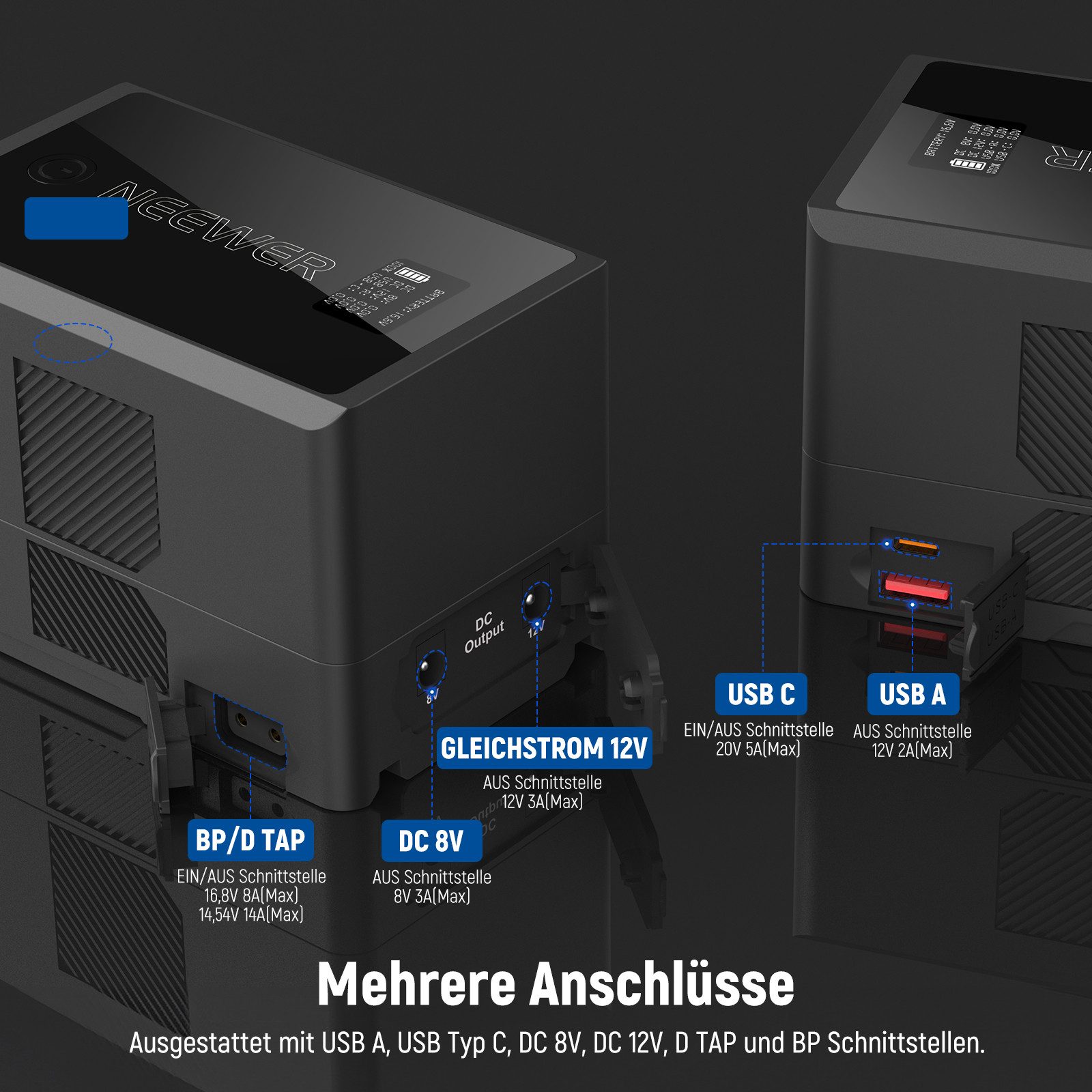Neewer PS155E V-Mount Akku, 10350 mAh 150Wh, 100W PD Schnellladung Kamera-Akku 10350 mAh, OLED, D Tap/USB C/USB A/BP/Dual DC, für Camcorder Monitor Videoleuchte