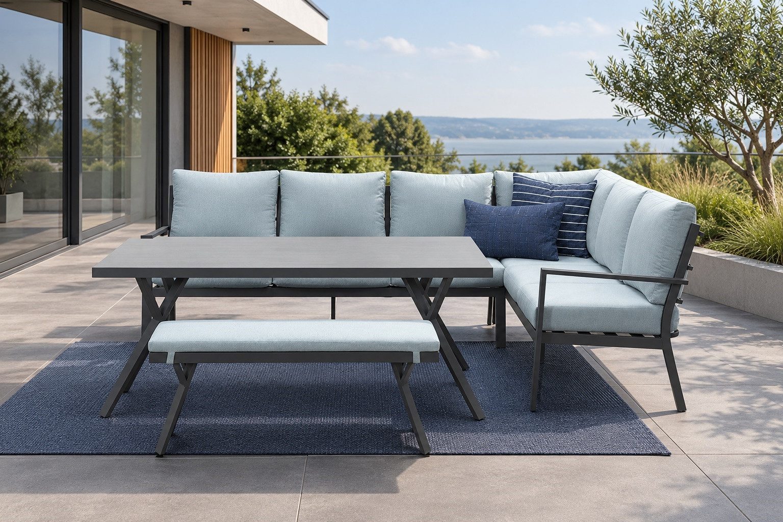 Garden Impressions Gartenlounge-Set Dining Eck Lounge Set Sergio rechts Sitzgruppe hoch, (Spar-Set, 3-tlg., Ecklounge + Tisch + Bank), inkl. Auflagen / 120 kg Tragkraft pro Sitzplatz / wetterfest