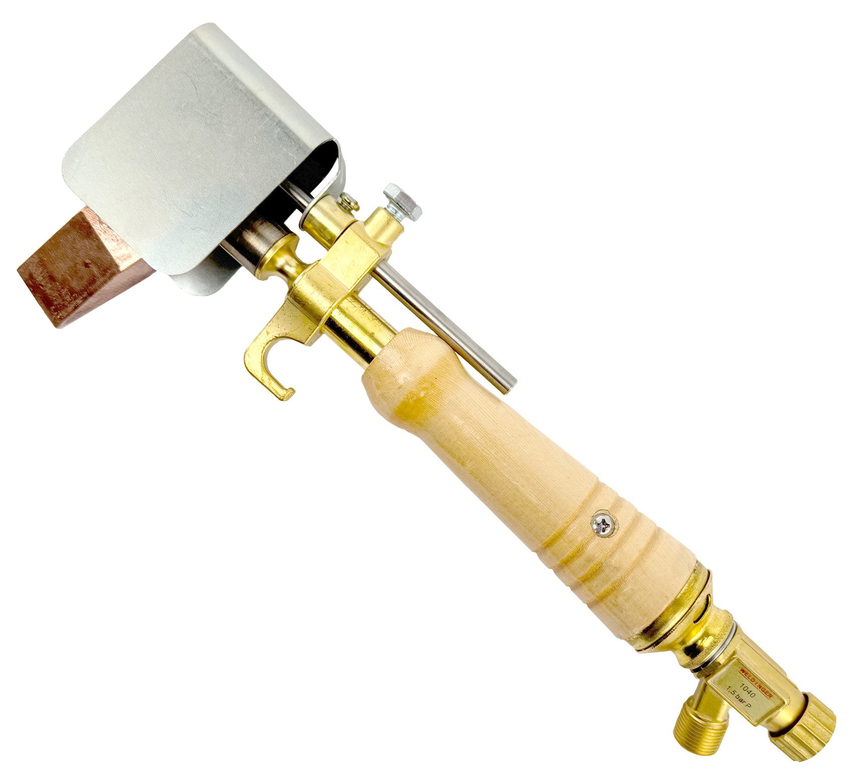 WELDINGER Lötkolben Dachrinnenlötkolben Profi Holzgriff 350 g Kupferstück Windschutz 3/8", Gas, zum Verzinnen, Anwärmen, Abbrennen und Voranwärmen