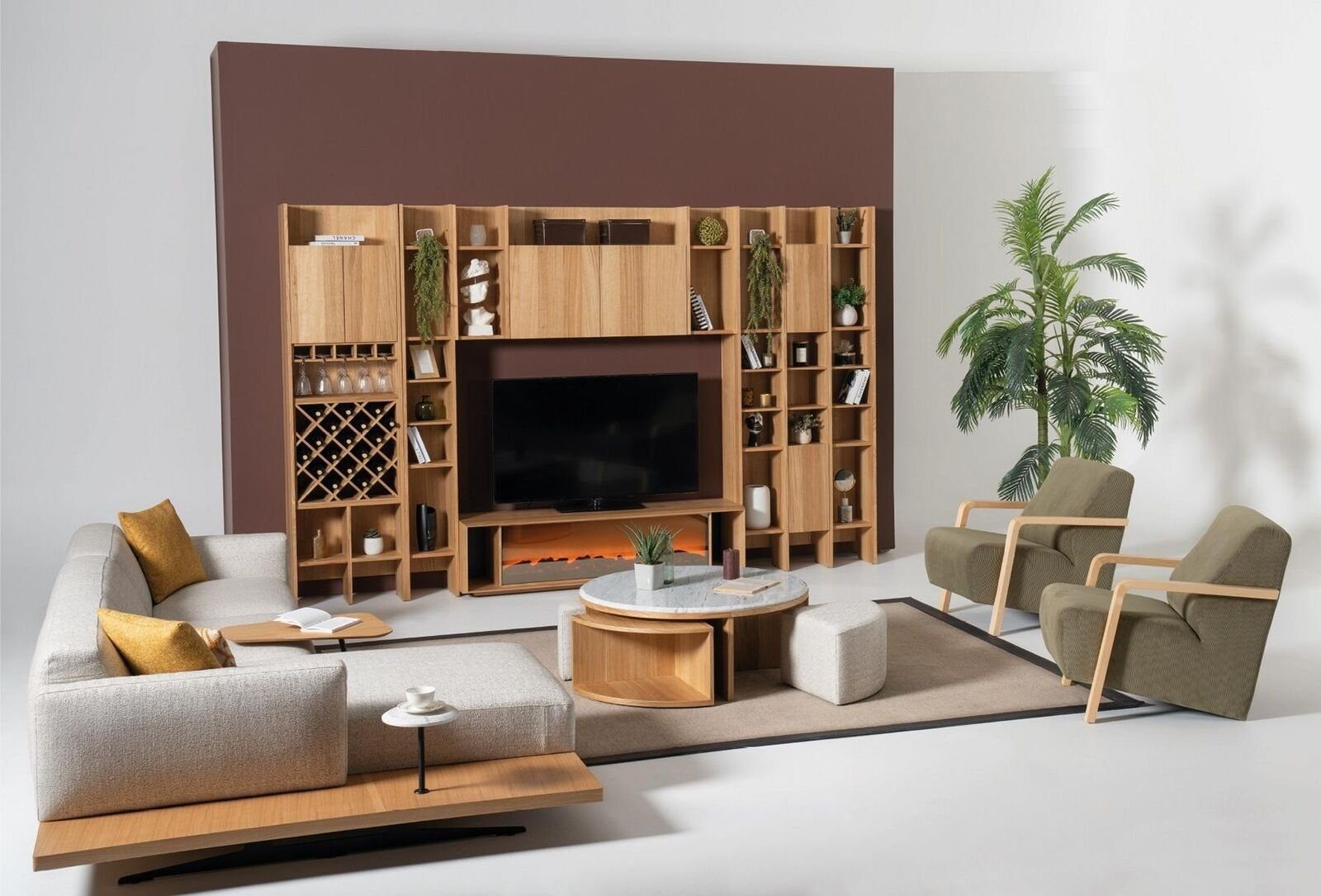 Wohnzimmermöbel Einrichtung, JVmoebel Wohnzimmer-Set Set (4-St) Wohnwand 2x Couchtisch Designer Sessel