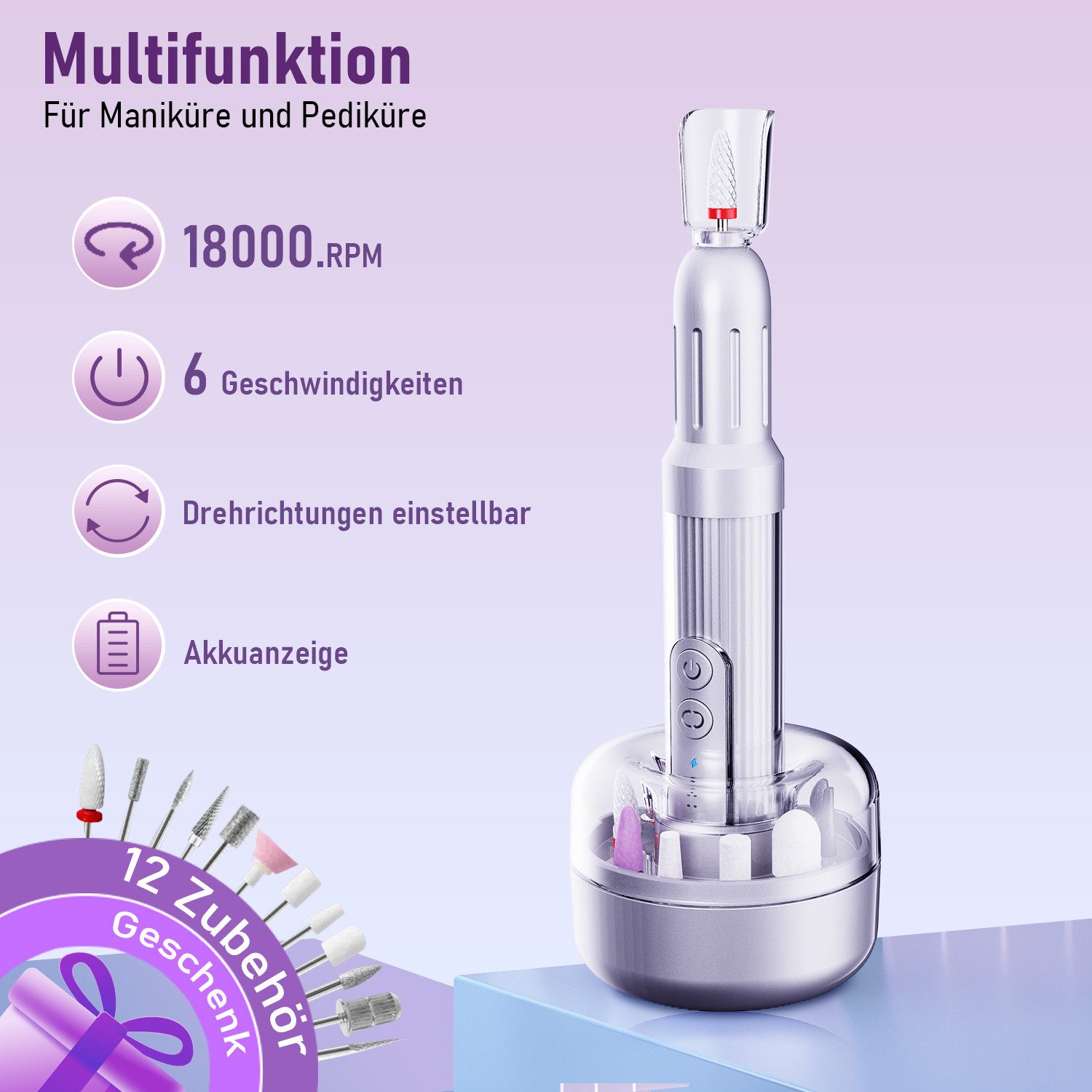 BRAIDOL Maniküre-Pediküre-Set Professionell Elektrische Maniküre & Pediküre-Set, Nagelfräser, 12 In 1 Professionell Elektrische Nagelfräser mit 1 Staubschutzhülle, 6 Geschwindigkeiten einstellbar,mit LED-Anzeige, 2 Lademodi