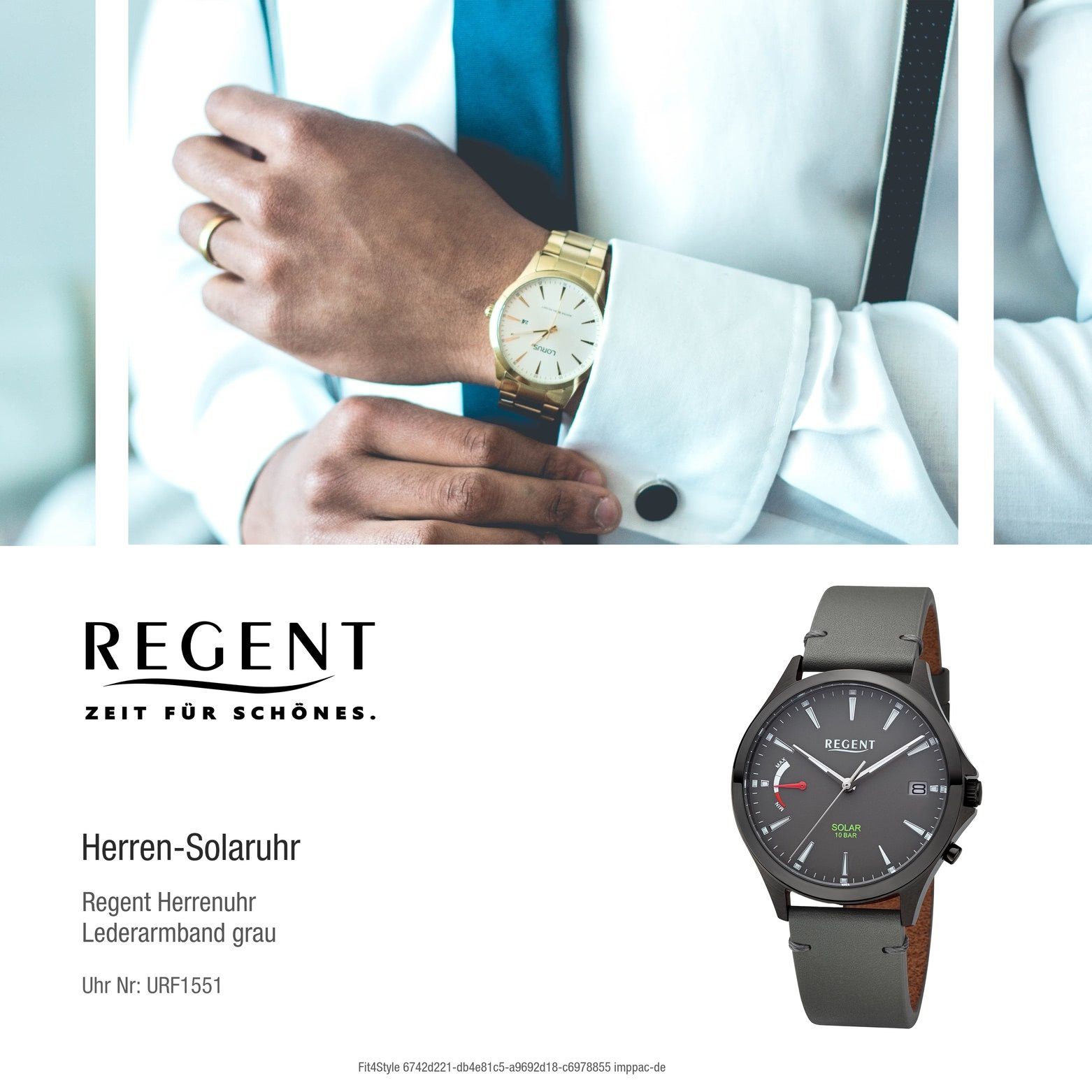 Regent Solaruhr Regent Herren Solaruhr Analog Lederarmband, (Solaruhr), Herren Solaruhr rund, extra groß (ca. 41mm), Lederarmband