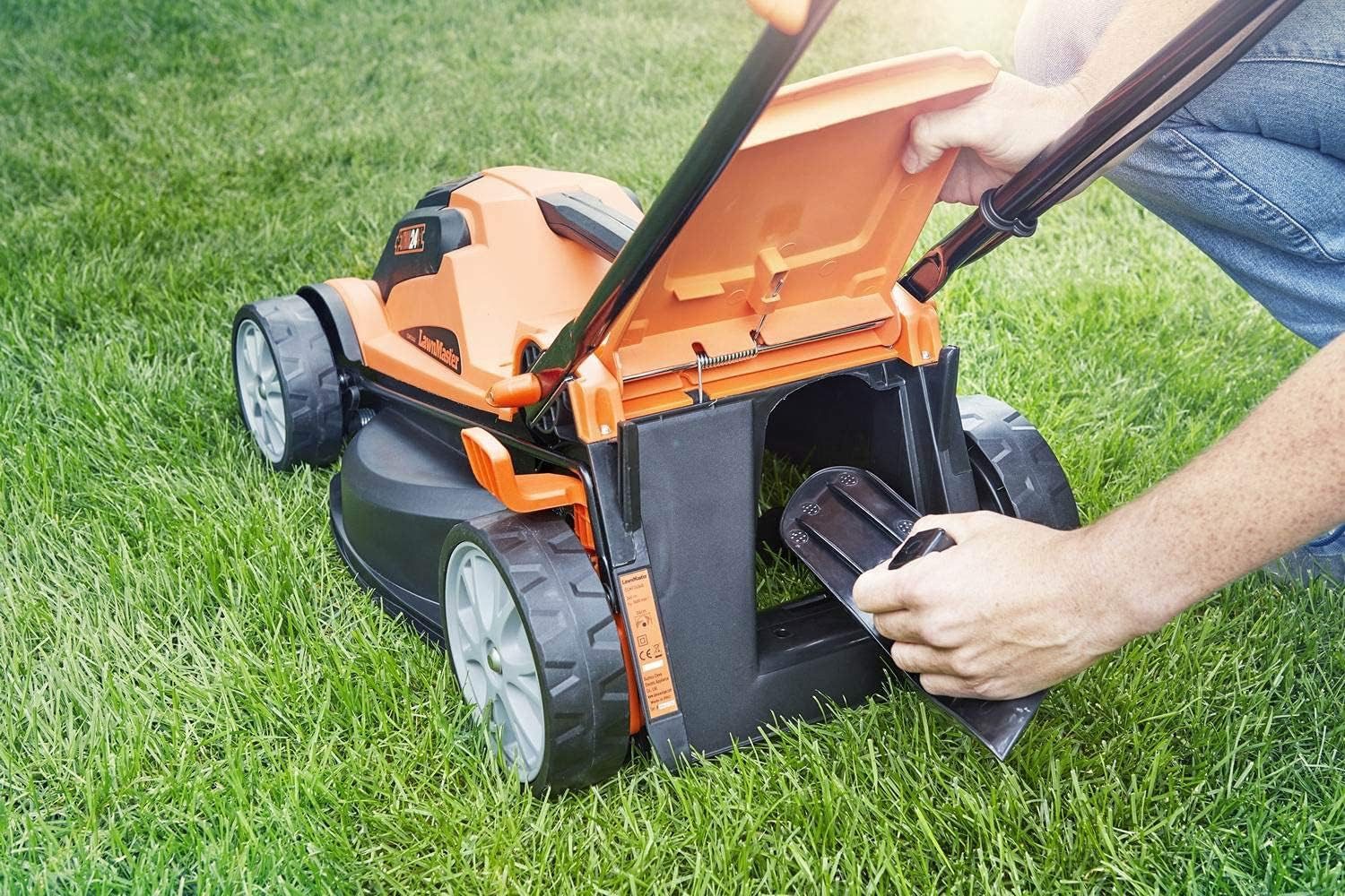 Lawnmaster Akkurasenmäher 24V Max 2x4.0Ah Batterie, 300m² Mulchen 32L, 34 cm Schnittbreite, 20-70mm 6-Stufige Schnitthöhenverstellung