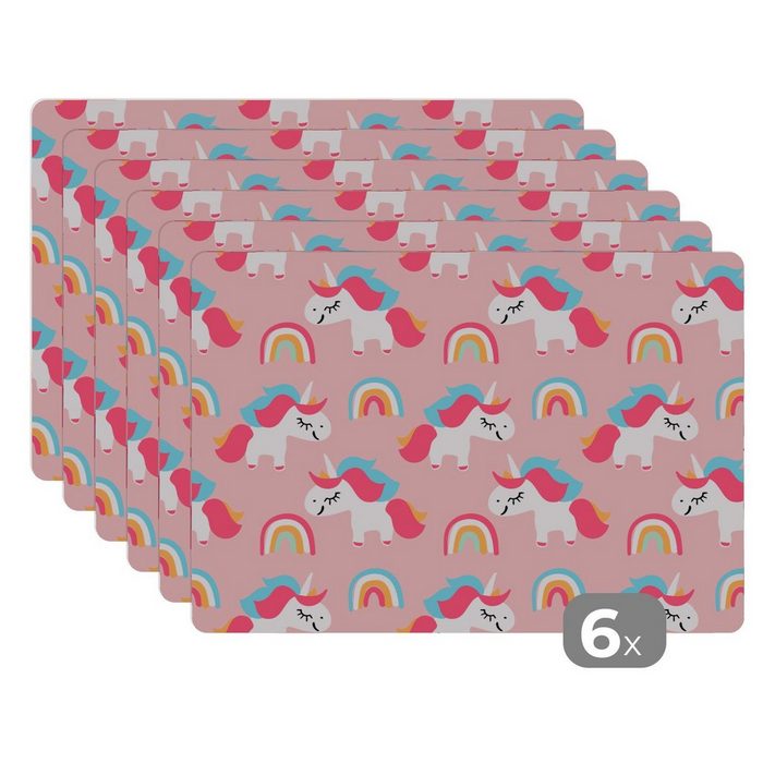 Platzset Einhorn - Regenbogen - Rosa - Muster MuchoWow (6-St) Platzset Platzdecken Platzmatte Tischmatten Schmutzabweisend