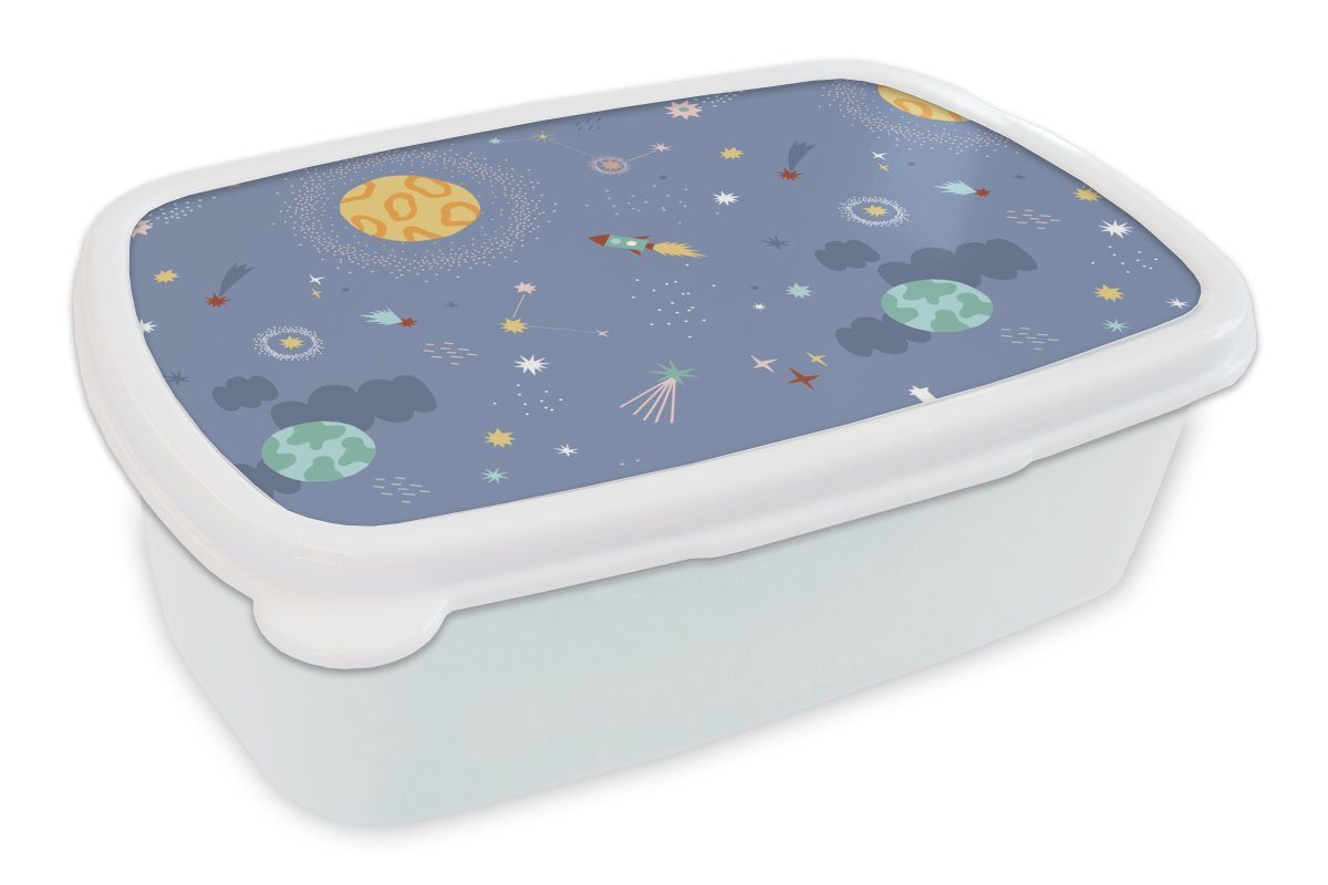 MuchoWow Lunchbox Muster - Jungen - Kinder - Raumfahrt, Kunststoff, (2-tlg), Brotbox für Kinder und Erwachsene, Brotdose, für Jungs und Mädchen weiß