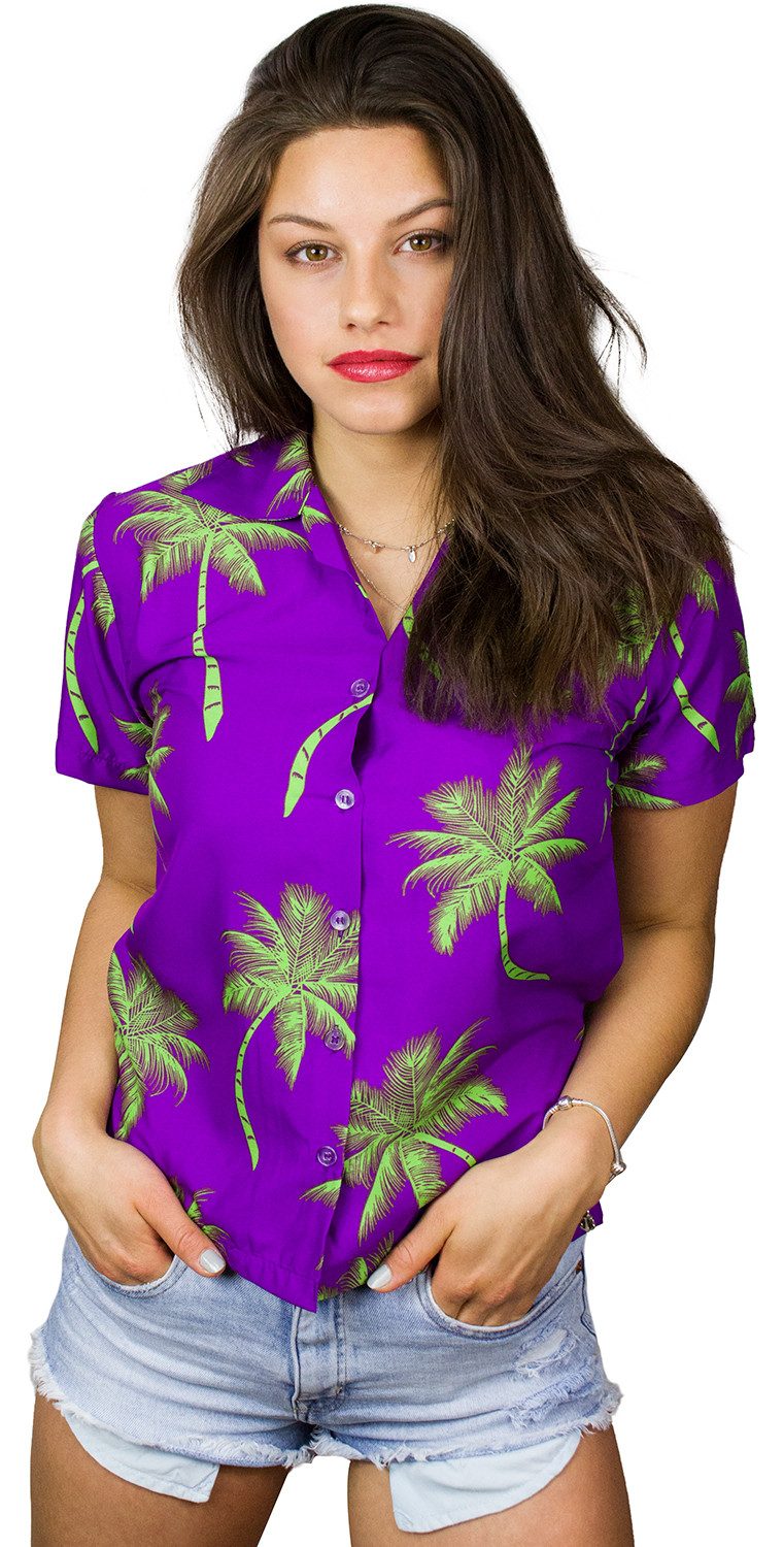 King Kameha Hawaiihemd Palmshadow Funky Hawaiibluse Damen Kurzarm Front-Tasche Stylish