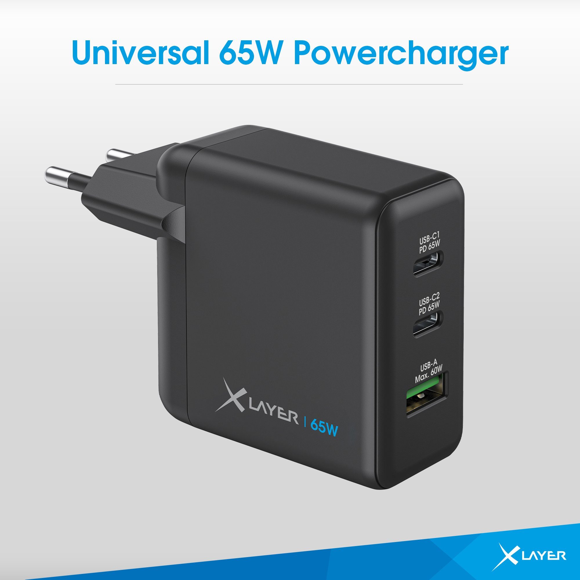 USB-C Schnellladegerät Powercharger 3-Port Technologie Schwarz GaN XLAYER 65W Smartphone-Ladegerät