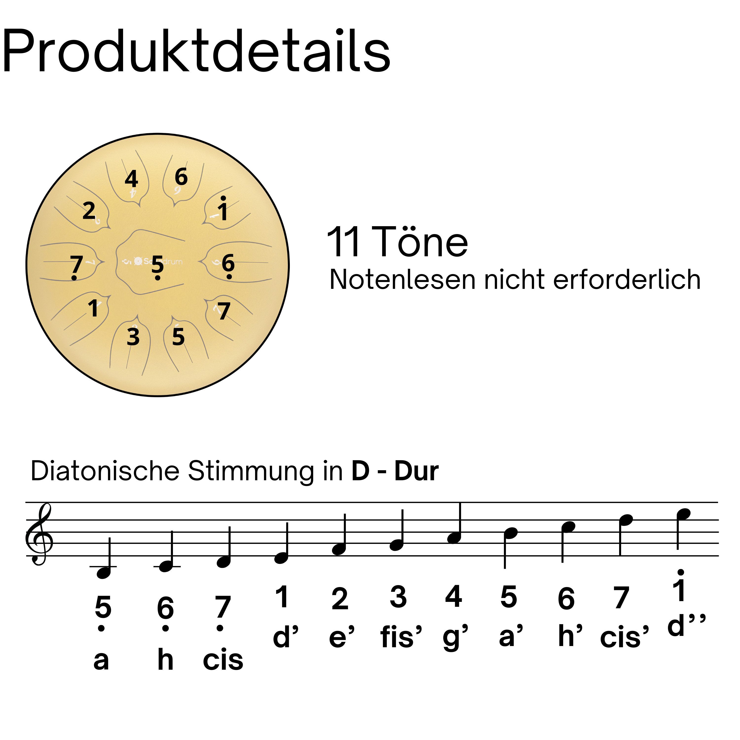 Sonodrum Steel Tongue Drum "Standard", D-Dur, 30 cm, 11 Zungen inkl. Liederbuch und Tragetasche