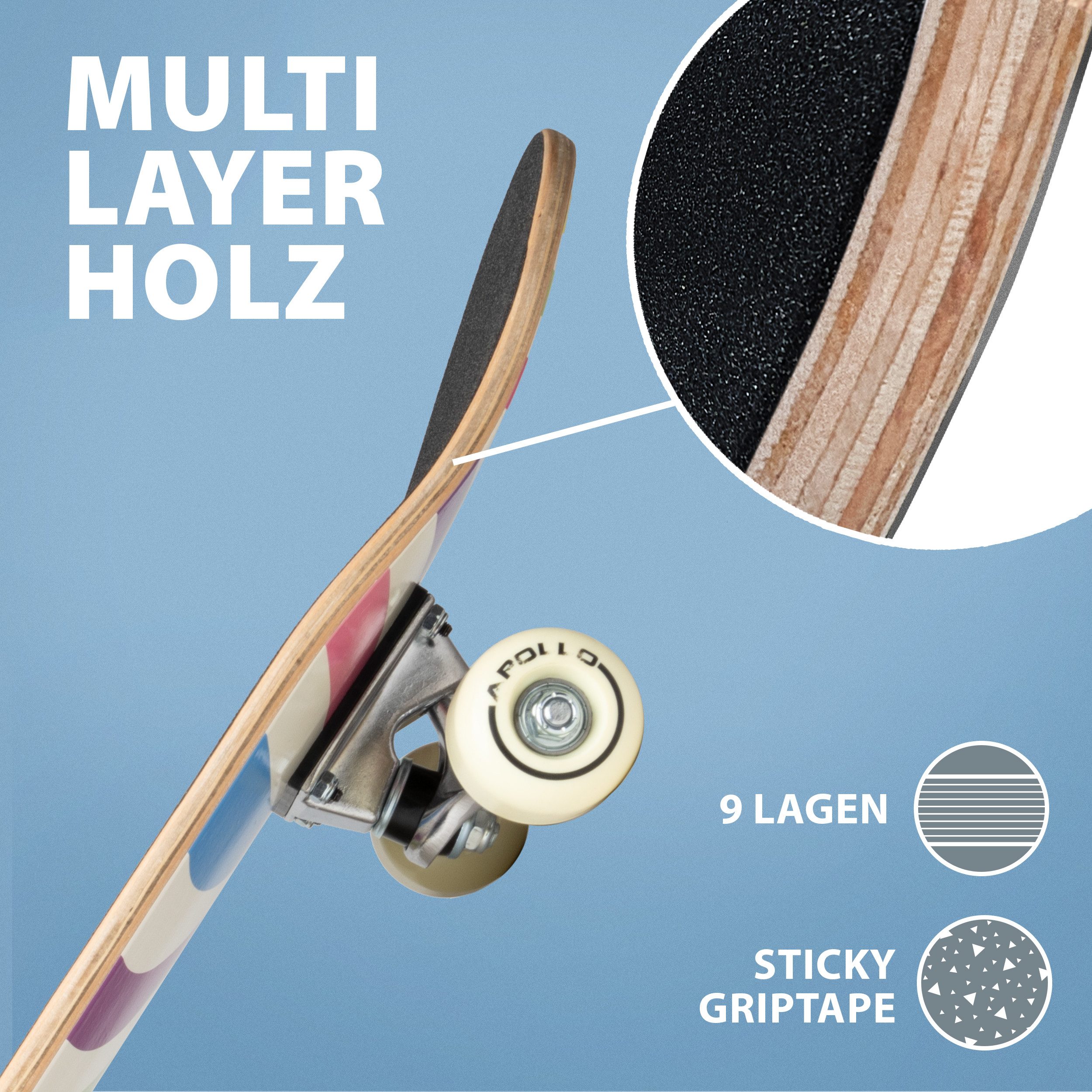 Apollo Skateboard Kinderskateboard 28" Kinder, Longboard, für Kids und Teens, ABEC 3 und Aluminium Achsen – Bild 4 von 5