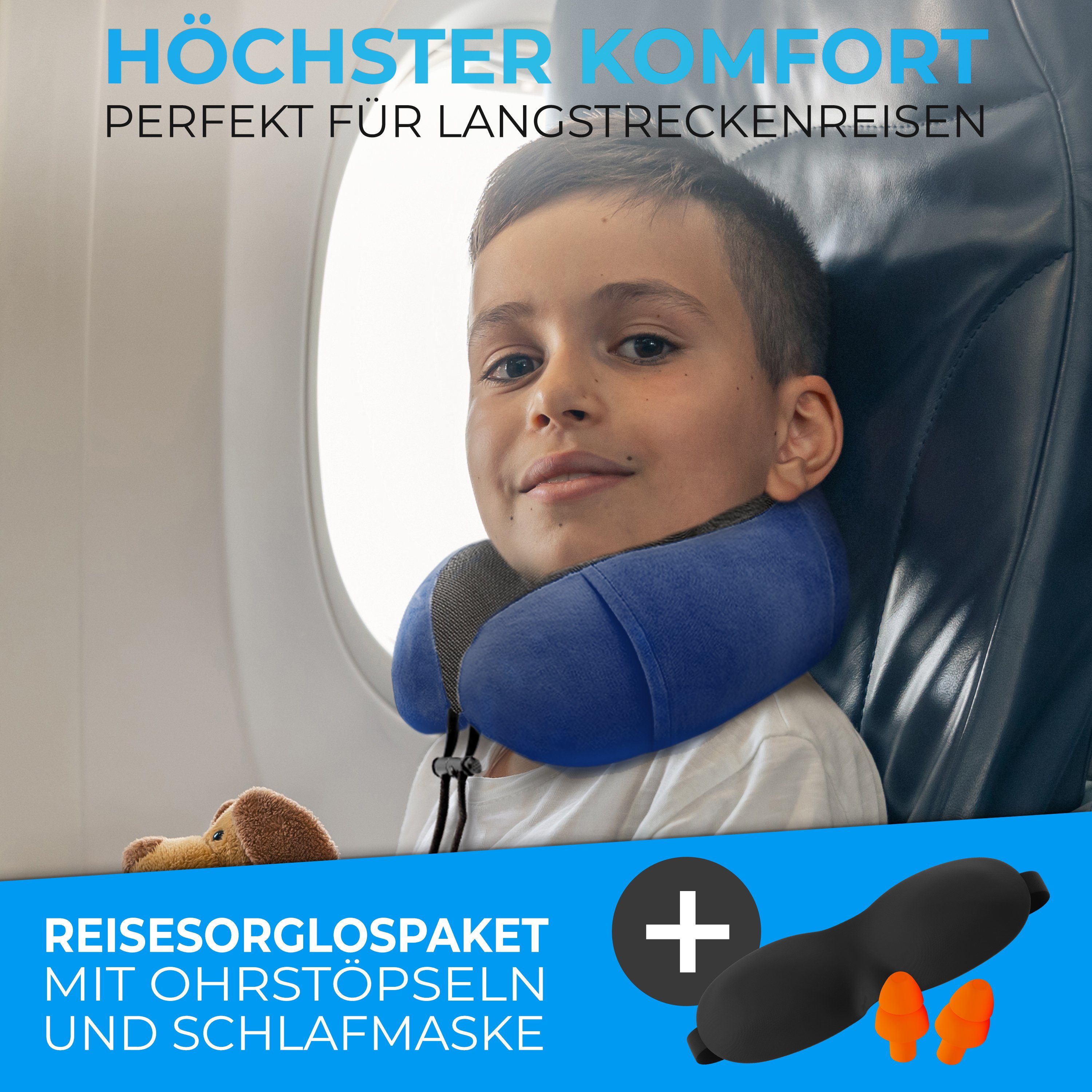 Schlafmaske Reisekissen, Kinder Styngard Memory-Foam Blau aus Ohrstöpsel Nackenkissen und inkl.