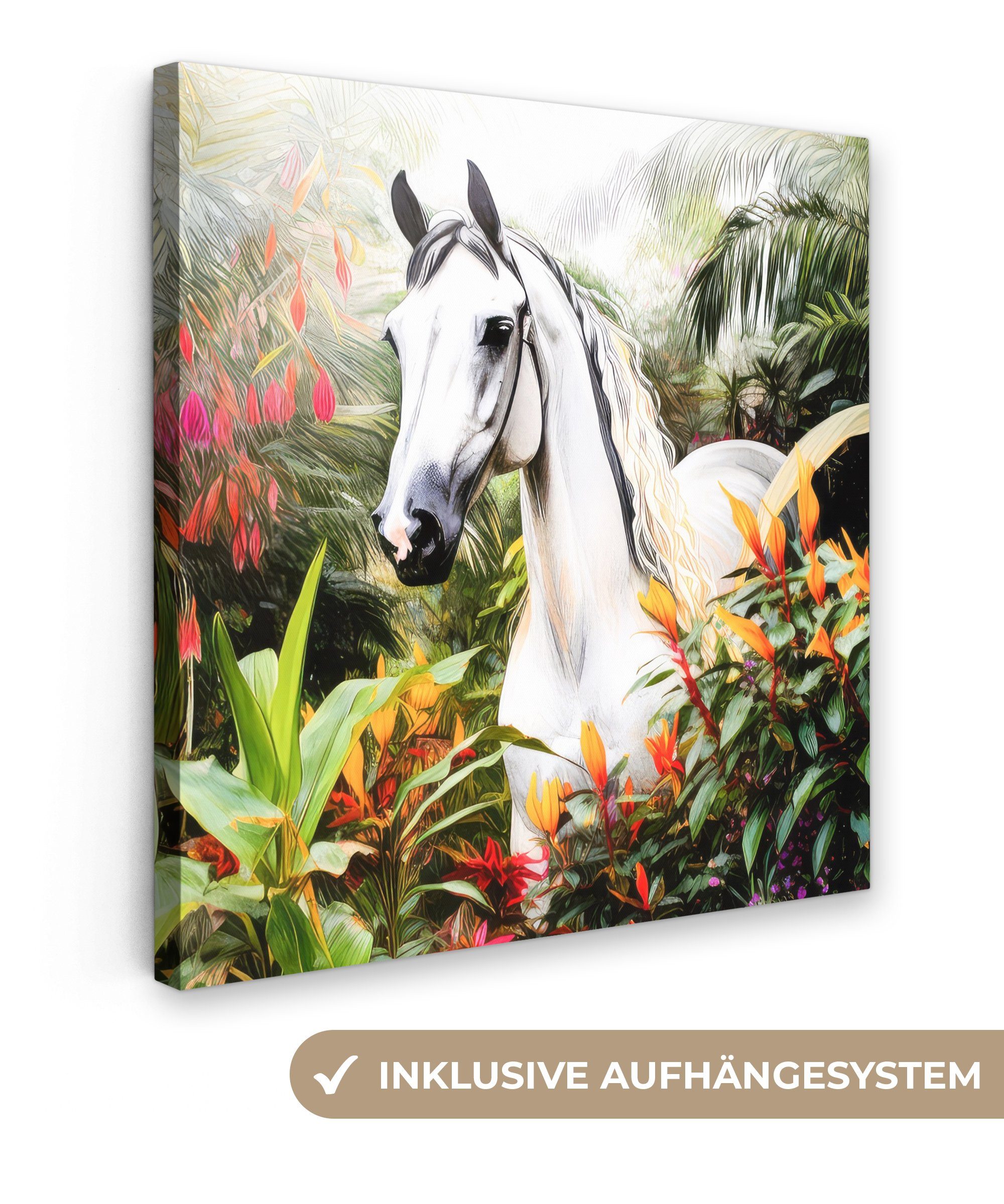OneMillionCanvasses® Leinwandbild Pferd - Weiß - Wald - Blumen - Pflanzen, (1 St), Leinwand Bilder für Wohnzimmer Schlafzimmer, 20x20 cm