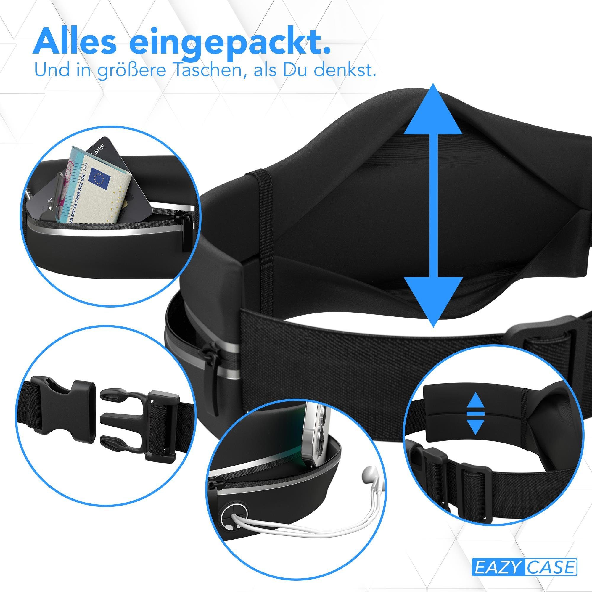 EAZY CASE Laufgürtel Universal Sport Bauchtasche Schmal Joggingtasche Damen Sport Laufgürtel Damen Herren Bauchtasche Schwarz
