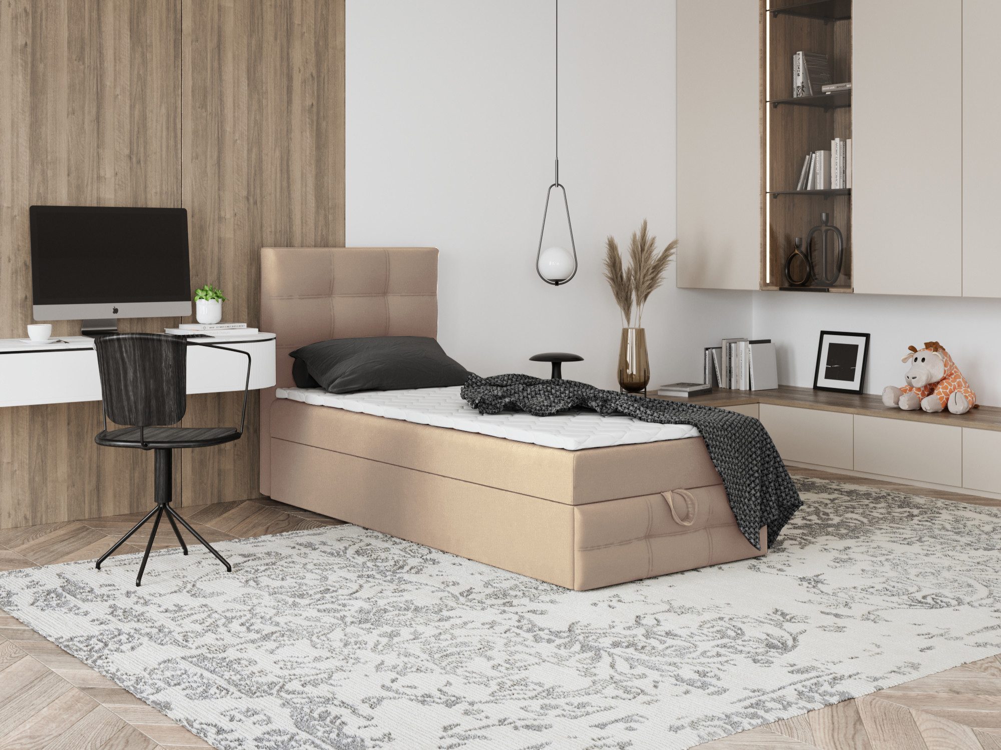 Godre Boxspringbett mit Bettkasten EWORA MINI 3 100x200 cm - Bonellfederkern Matratze (Bett + Matratze), Bett mit einem Kasten