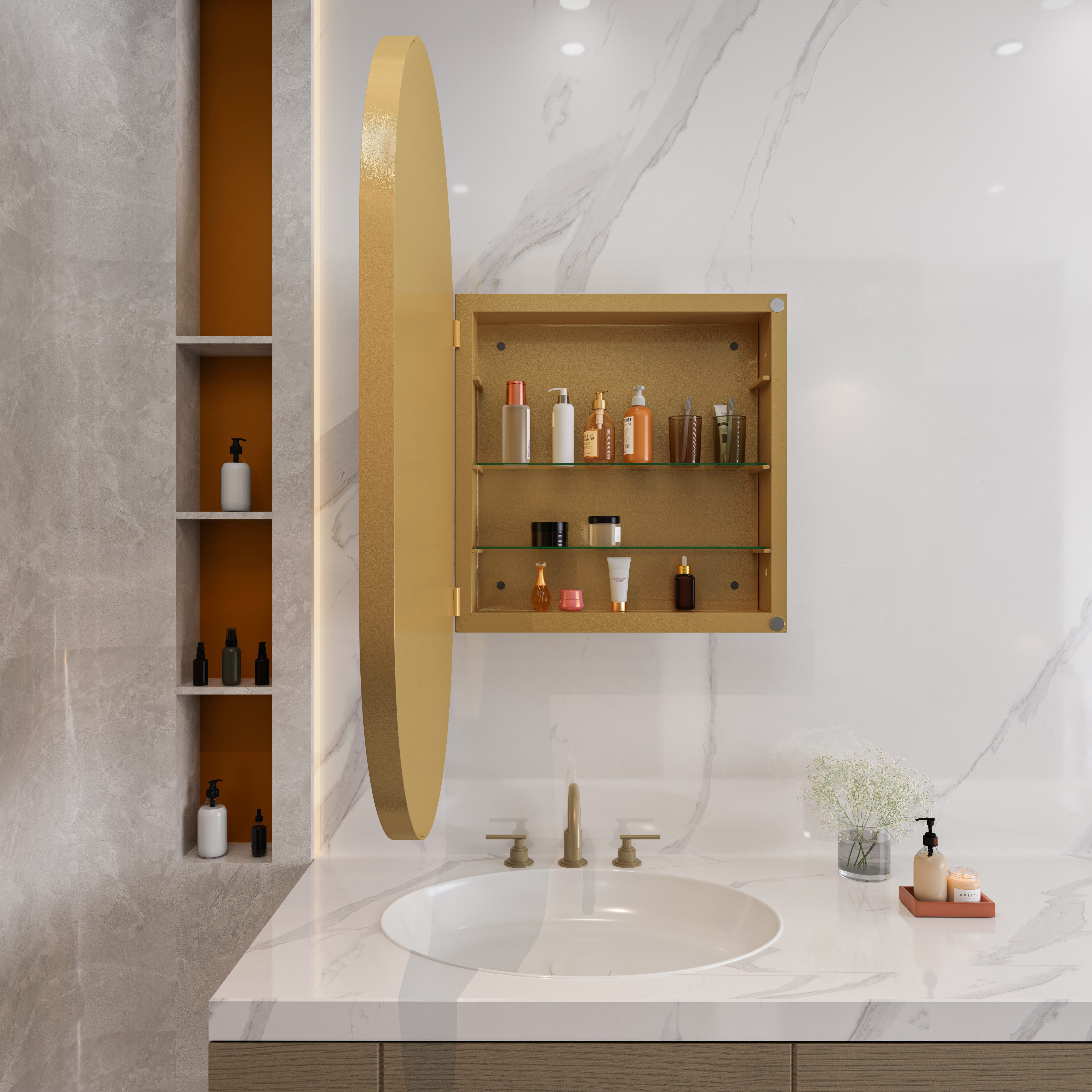 Celya Badezimmerspiegelschrank Hängeschrank mit Metallrahmen, Einbau-Medizinschrank, Verstellbar (Wandschrank mit Metallrahmen, Spiegel und verstellbaren Einlegeböden) Stilvoller ovaler Spiegelschrank, Einbau-Medizinschrank