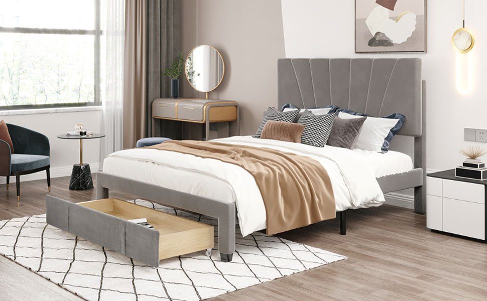 REDOM Polsterbett Doppelbett Bett Holzbett mit Bettgestell ohne Matratze 140*200 cm (mit Rückenlehne und großer Schublade) Grau