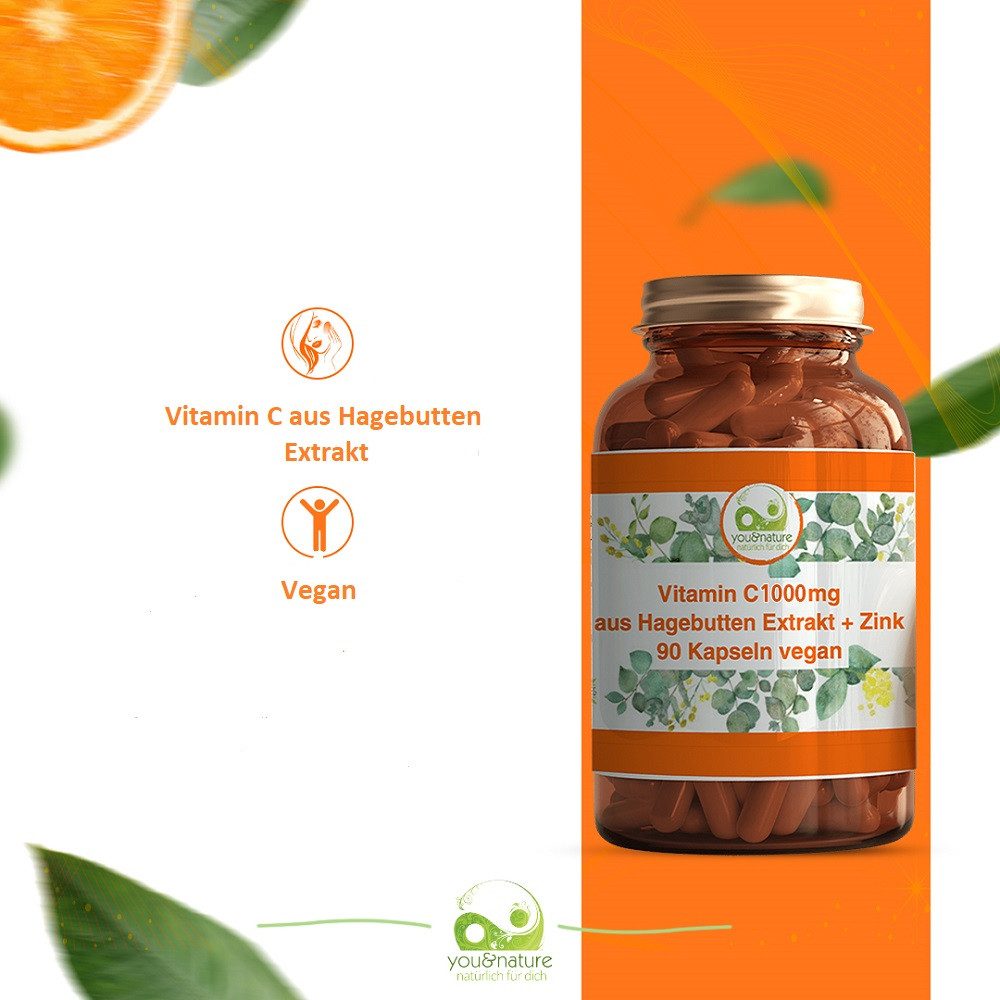 You&Nature Vitamin C 1000 mg 90 Kapseln aus Hagebutten Extrakt + Zink vegan Kapseln, 90 er 90 St., 0,0594 g, Vitamin C +Zink
