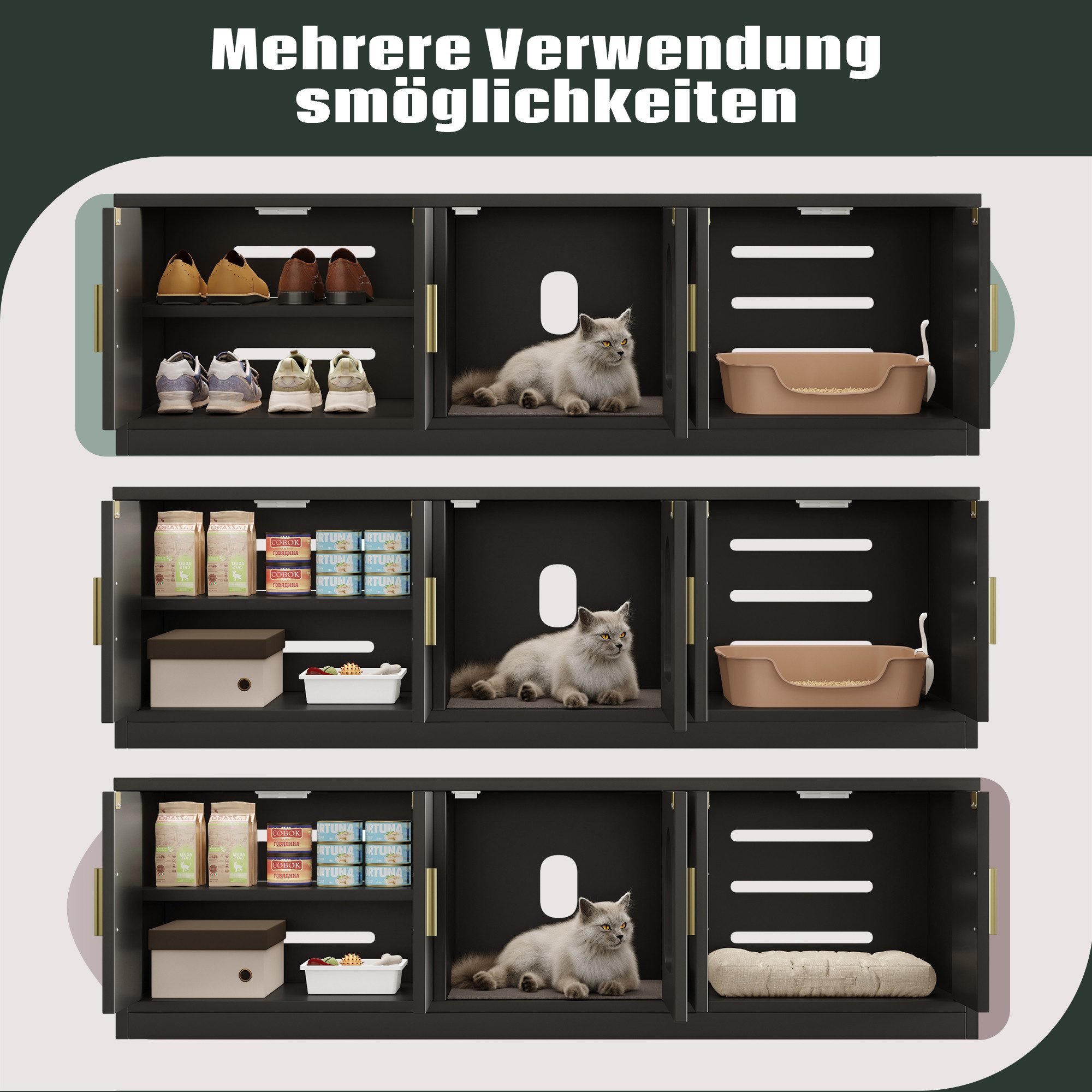 Flieks Lowboard Katzenschrank mit Tierhaus (1 St., 140x40x45,5 cm), Tiermöbel mit Kratzbaum und verstellbaren Einlegeböden Holzschrank – Bild 5 von 5