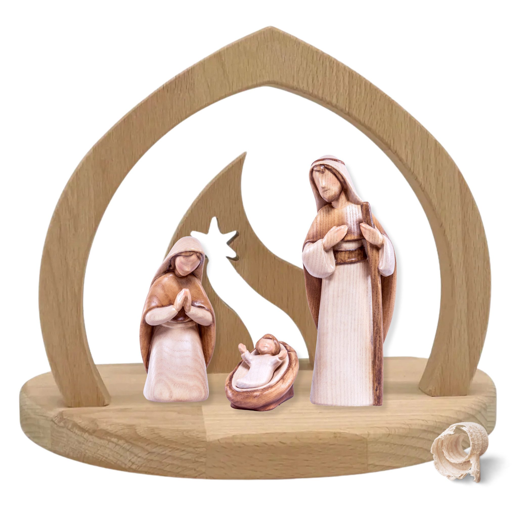 Akantus Krippe Weihnachtskrippe aus Holz: Hl. Familie (gebeizt) mit Familienstall, holzgeschnitzt, handbemalt, Ahornholz, Made in Südtirol