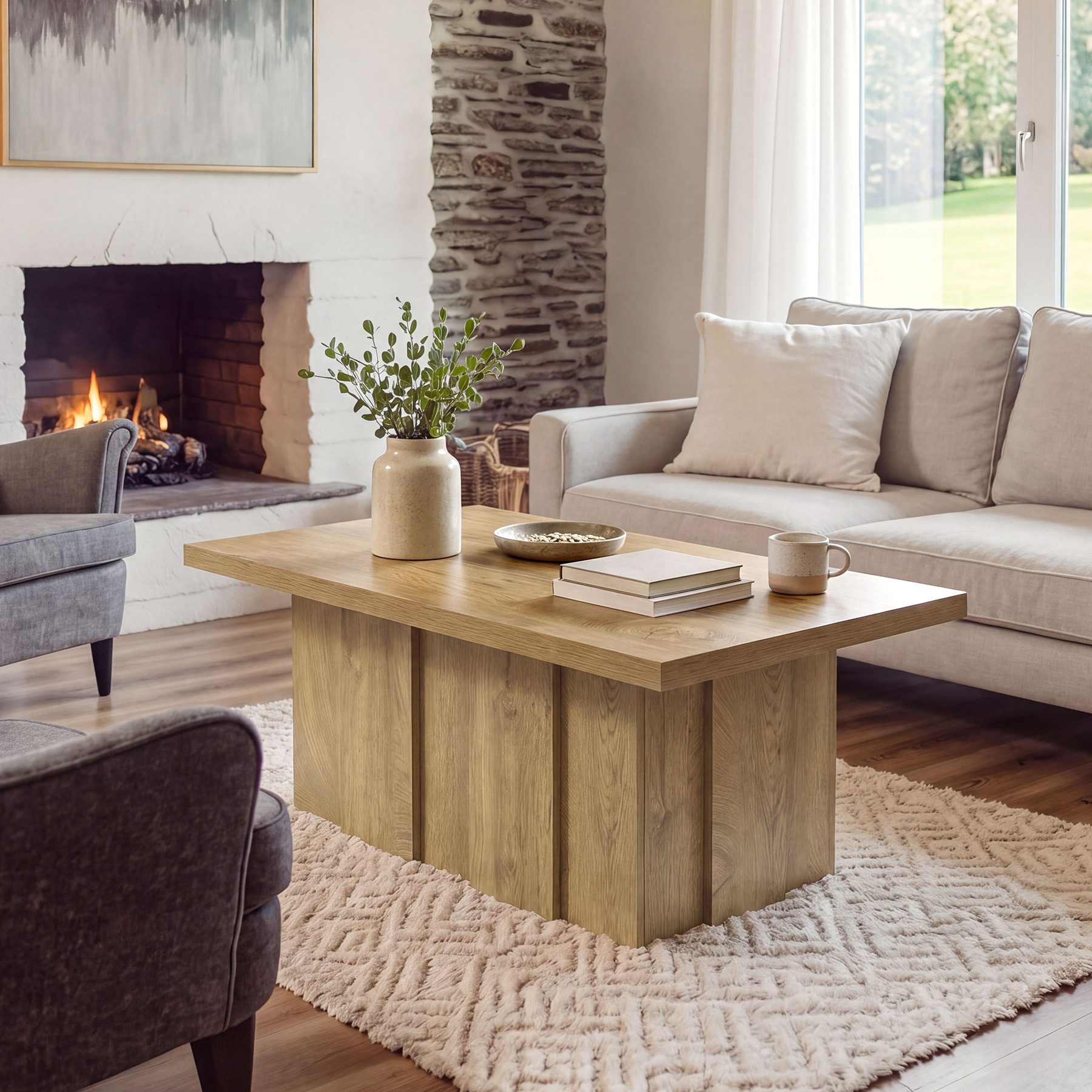 Tribesigns Couchtisch Wohnzimmertisch 120 cm Holztisch mit Rillenfuß in Eichenoptik