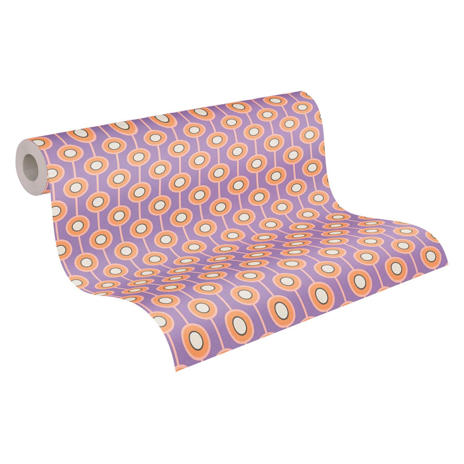 Profhome Vliestapete 395372-GU Retro Tapete geometrisch matt lila safran-gelb creme-weiß, geprägt, (1 Rolle, 4,51 qm), heißgeprägte Vliestapete, violett
