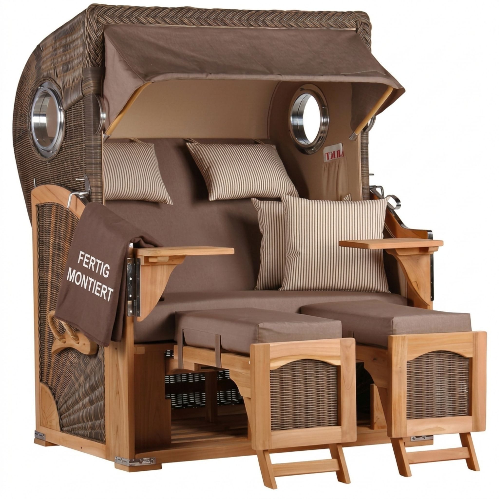 MR.DEKO Strandkorb Düne 2-Sitzer Teak Bullauge wetterfest PE-Geflecht grey, BxTxH: 125x80x170 cm, Düne, Düne, (Fertig montierter Strandkorb für Garten, Terrasse & Balkon), Wetterfester Volllieger mit Edelstahlbeschlägen & waschbaren Polstern