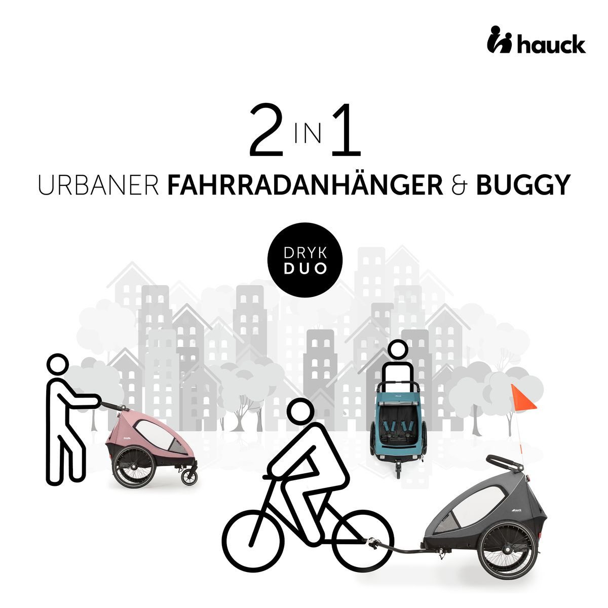 Hauck Fahrradkinderanhänger Dryk Duo - Melange Grey, Fahrradanhänger Buggy für 2 Kinder mit Regen-und Sonnenschutz