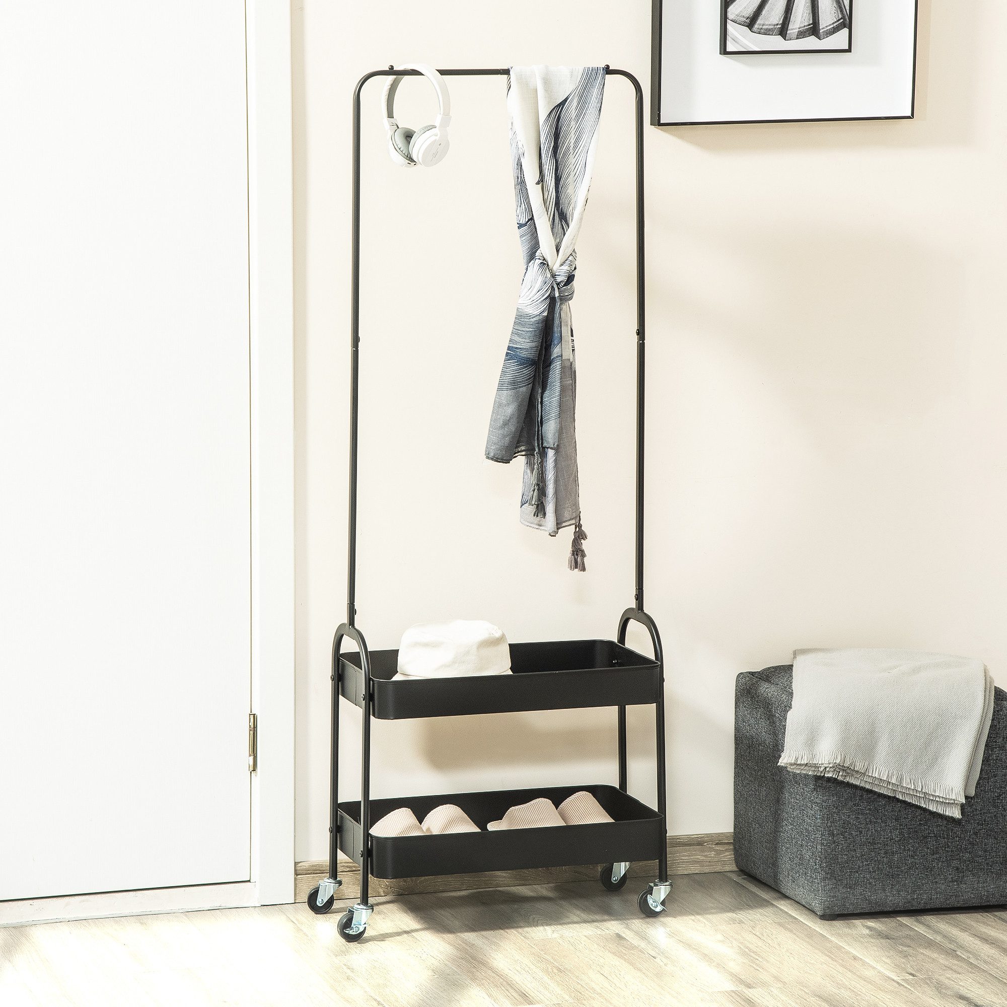 HOMCOM Garderobenständer Kleiderständer, mit Kleiderstange, Schuhablage, freistehend, (Kleidungsständer, 1 St., Garderobe), aus Stahl, für Wohnzimmer, Schlafzimmer, bis 16 kg belastbar, Schwarz