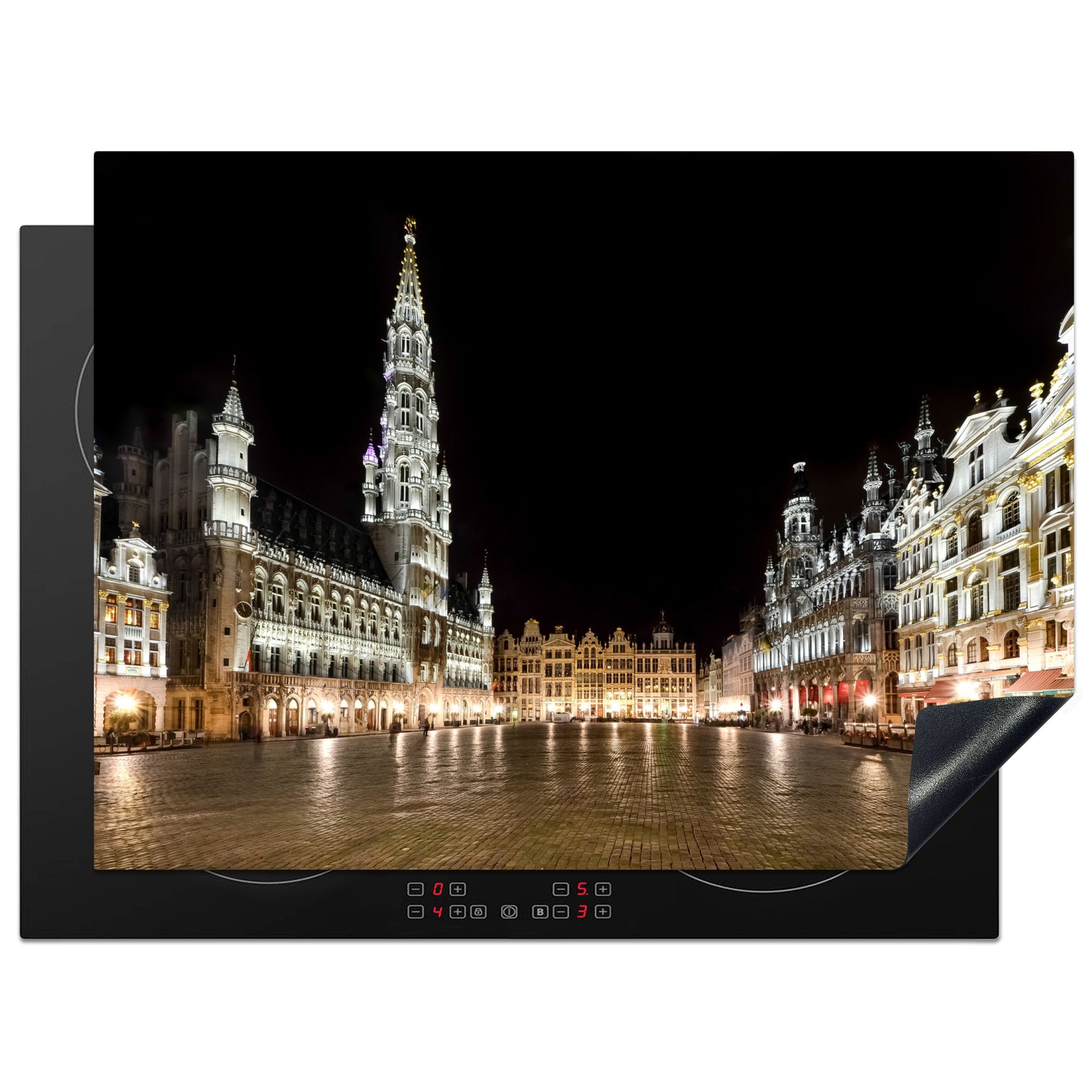 MuchoWow Herdblende-/Abdeckplatte Brüsseler Grand Place am Abend beleuchtet, Vinyl, (1 tlg), 70x52 cm, Mobile Arbeitsfläche nutzbar, Ceranfeldabdeckung