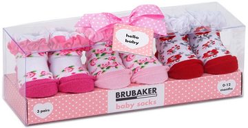 BRUBAKER Socken Babysocken für Mädchen 0-12 Monate (3-Paar, Baumwollsocken mit Blumenmotiven und Rüschen) Baby Geschenkset für Neugeborene in Geschenkverpackung mit Schleife