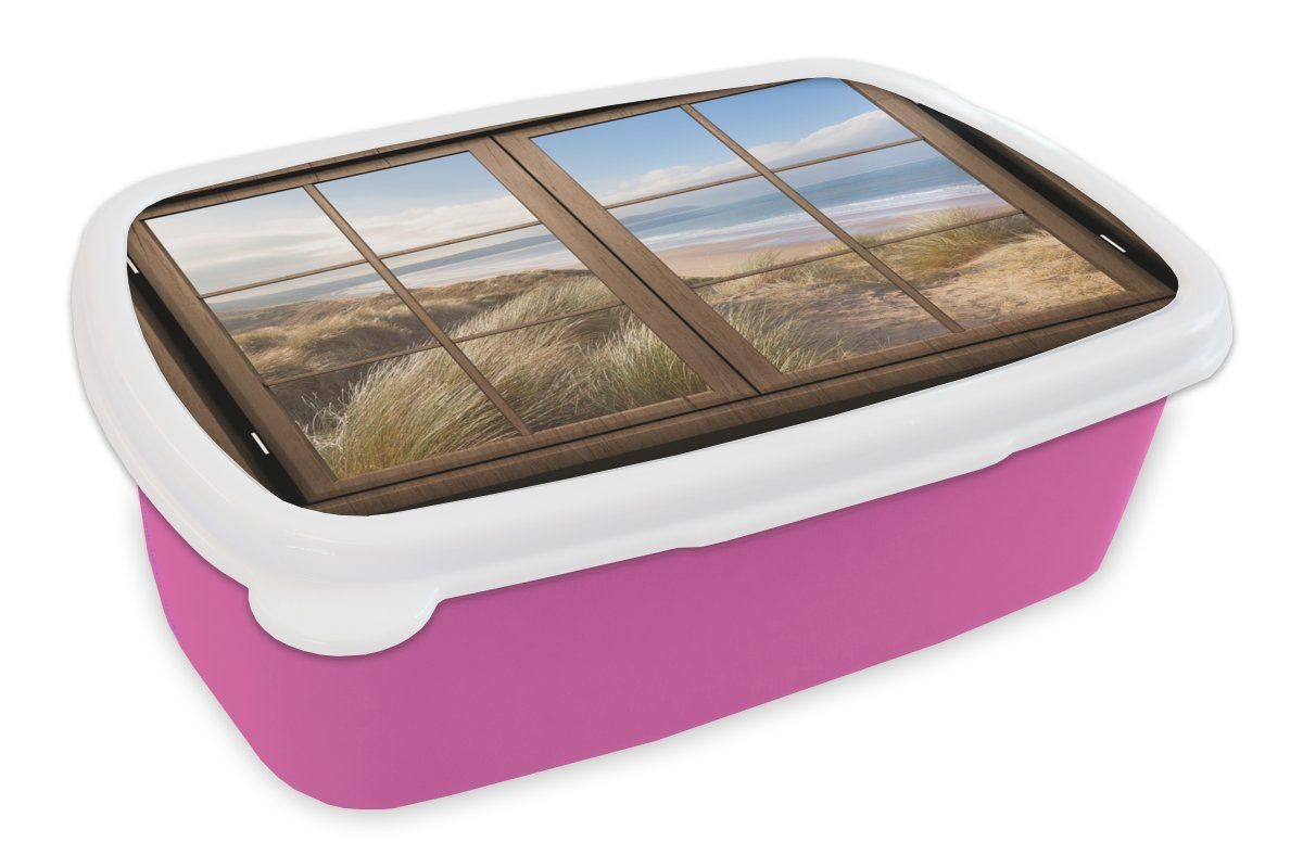 MuchoWow Lunchbox Durchblick - Strand - Holz, Kunststoff, (2-tlg), Brotbox für Erwachsene, Brotdose Kinder, Snackbox, Mädchen, Kunststoff rosa