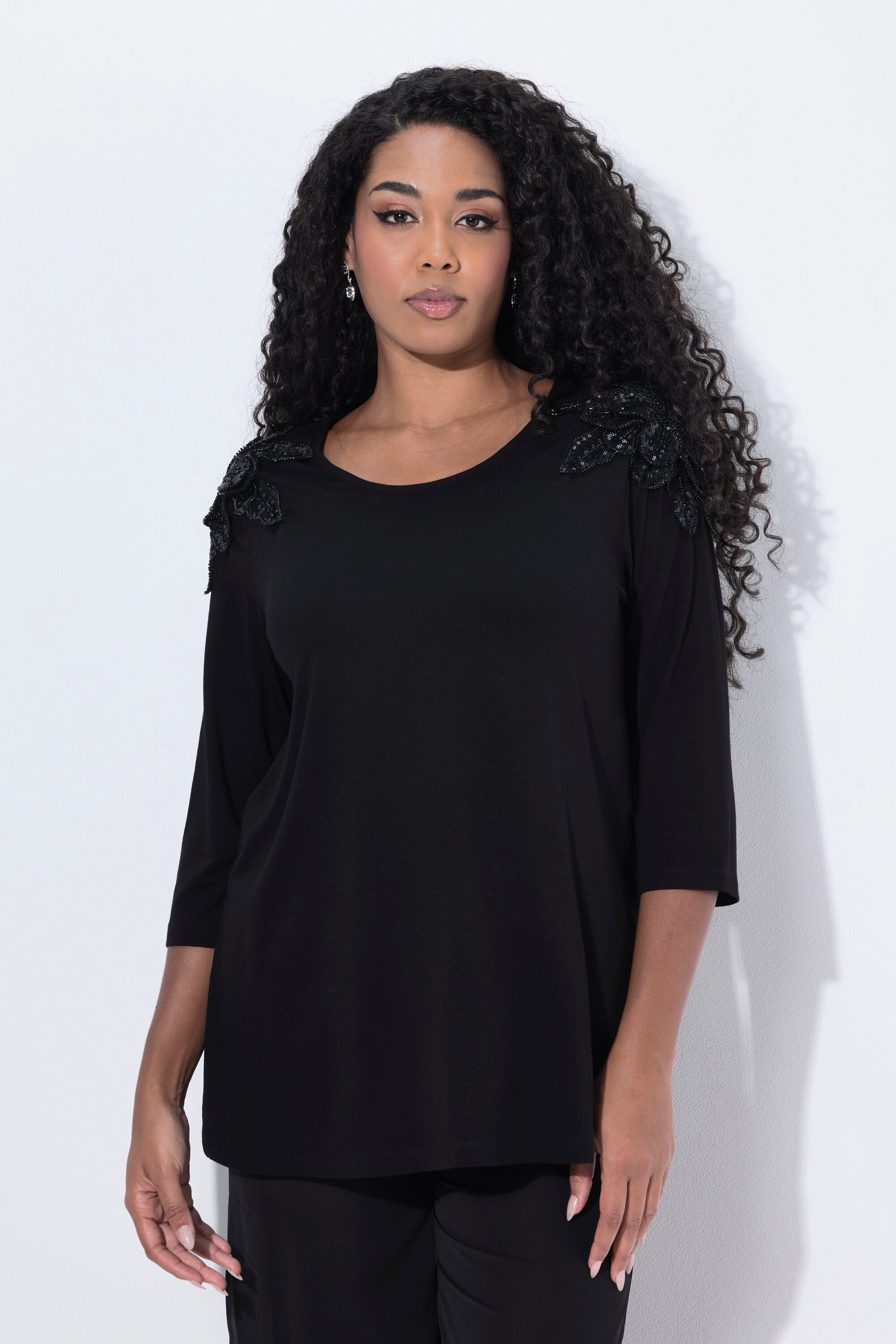 Ulla Popken Longsleeve Shirt Pailletten-Blüten A-Linie Rundhals 3/4-Arm günstig online kaufen