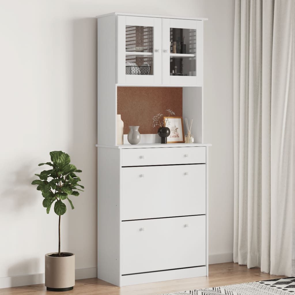 furnicato Highboard Weißes aus massivem Kiefernholz mit Glas, 77x35x188 cm (1 St), Schrank mit viel Stauraum, Schublade und Glastüren für Wohnzimmer
