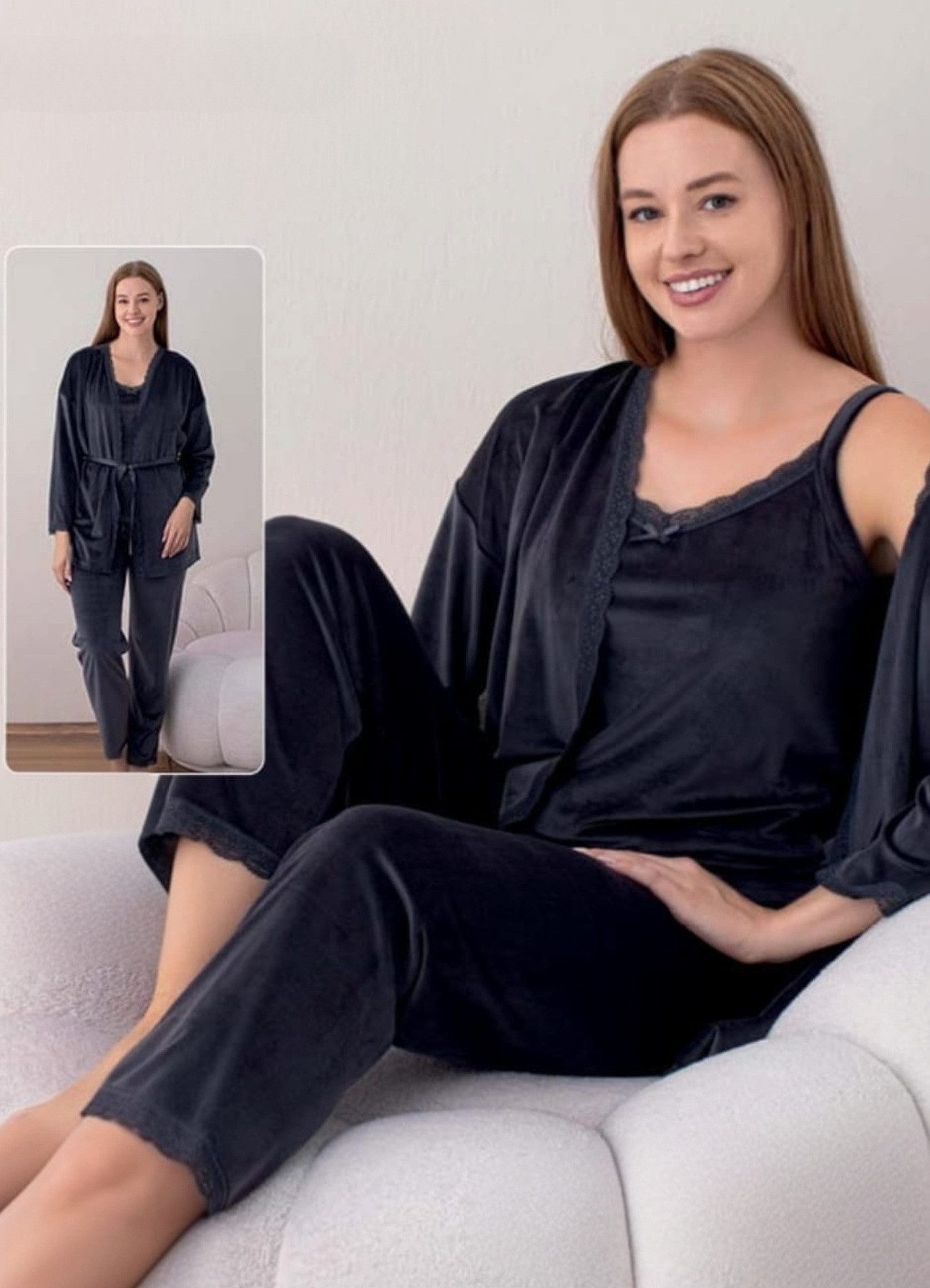 fashionshowcase Hausanzug 3 teiliger Pyjama Schlafanzug mit Morgenmantel 100% Samt