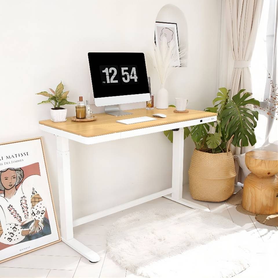 x Funktion Weiß Schreibtisch Kindersicherung-System Schreibtisch & und Comhar mit 60cm), USB, Touch Höhenverstellbarer FLEXISPOT (MDF, 120 Ahorn