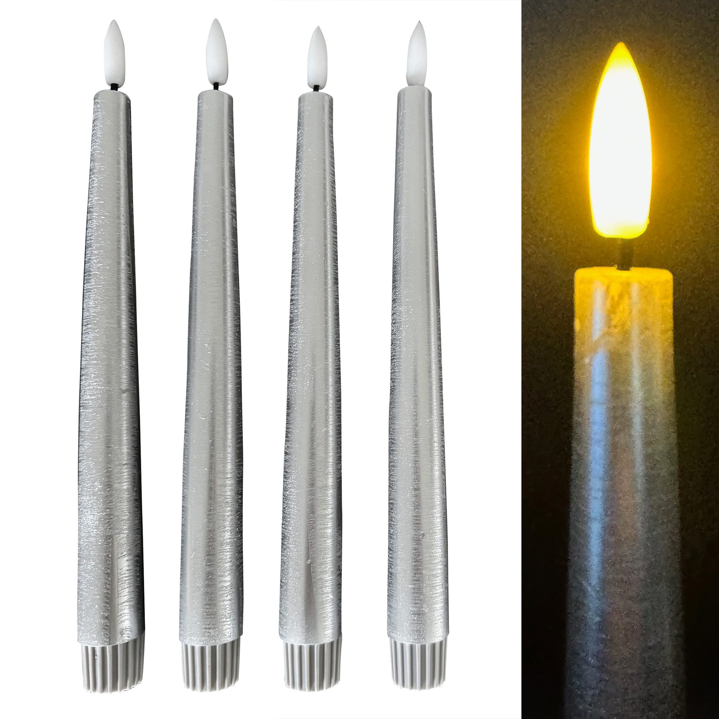 Online-Fuchs LED-Kerze 4 LED STABKERZEN im Set aus Echtwachs mit Fernbedienung und Timer (METALLIC Silber, Rot, Weiß, Taubenblau, Rosé, Champagner -, Höhe ca. 25 cm), flackernde Flamme - 171