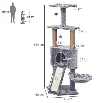 PawHut Kratzbaum mit Haus, 2 Plattformen, 5 Kratzstämme, Leiter, Liege, Plüsch, Grau, 40L x 40B x 124H cm