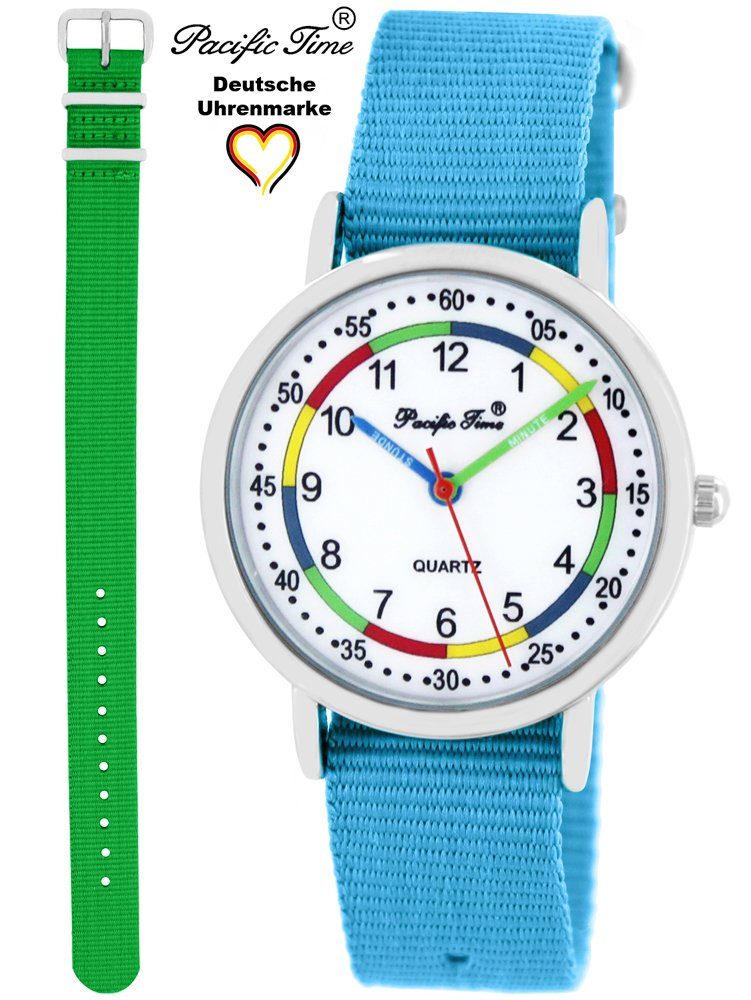 Gratis Armbanduhr grün und Lernuhr und Pacific Time Mix Kinder - Wechselarmband, Set Versand hellblau Design Match First Quarzuhr