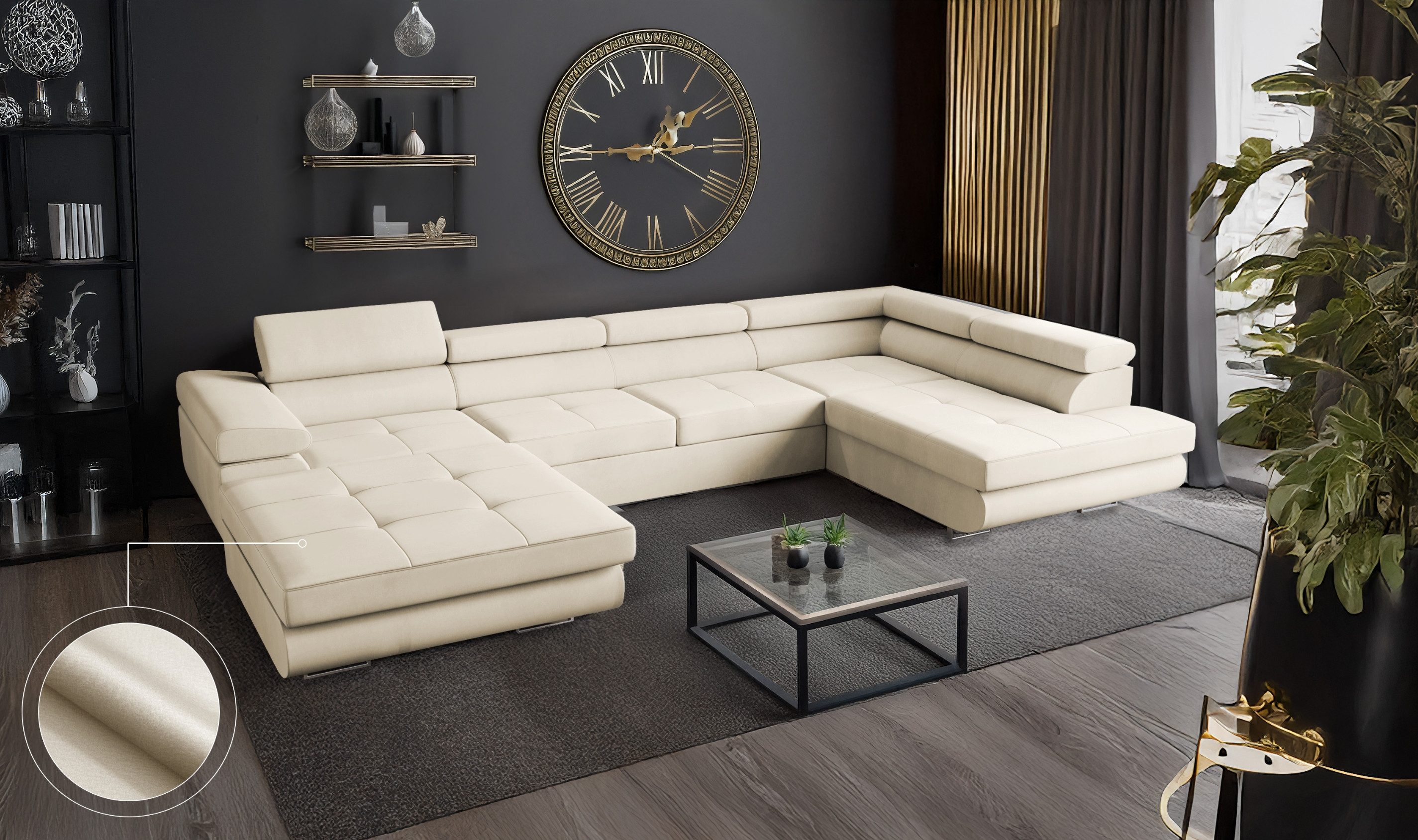 Goldstoff Wohnlandschaft mit Schlaffunktion, Couch für günstig online kaufen