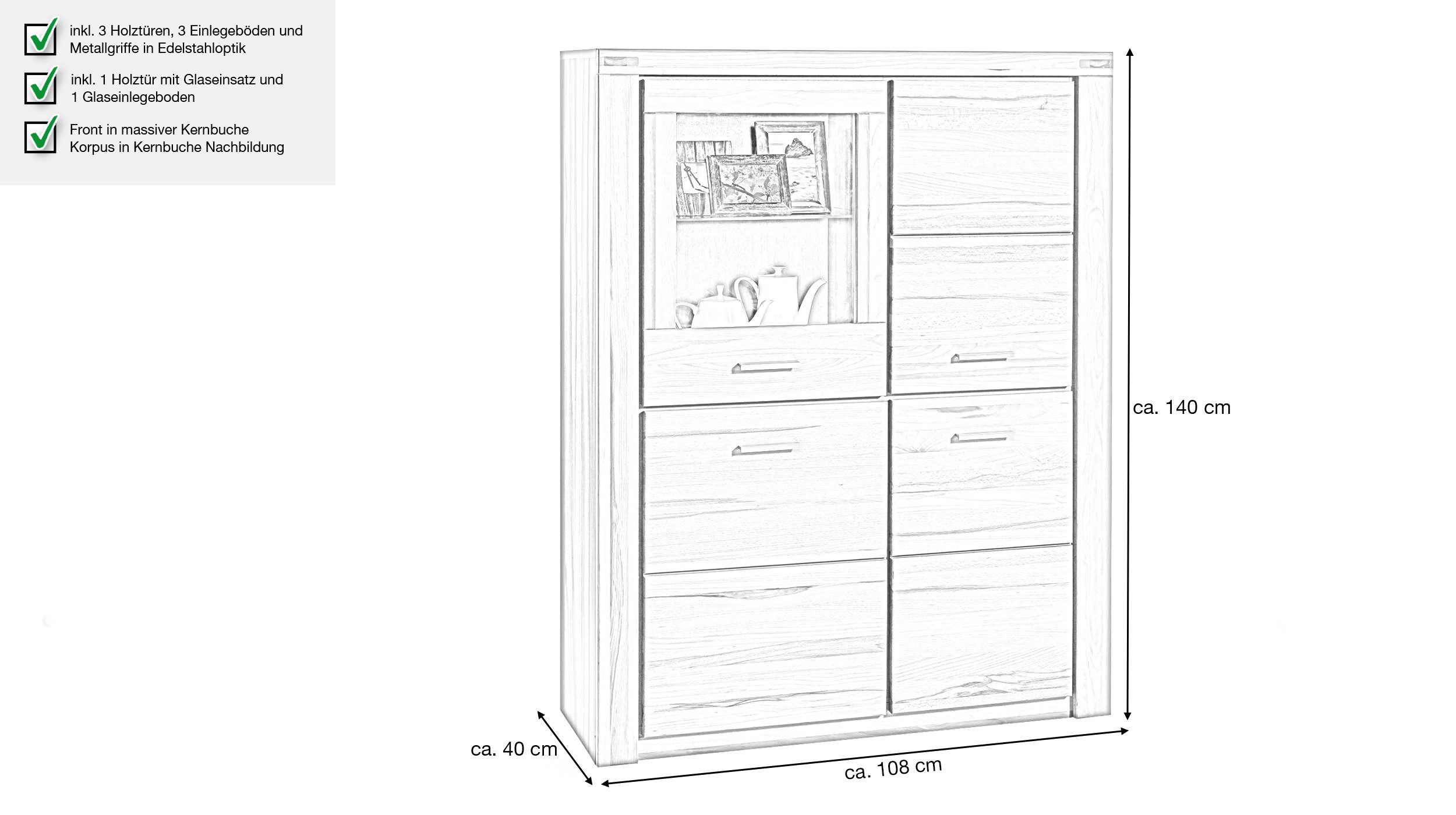 Massivart® Highboard FREYJA 108 cm / Massivholz Kernbuche geölt / Metallgriffe, 3 Holztüren / 1 Glastür / 3 Einlegeböden / 1 Glasboden
