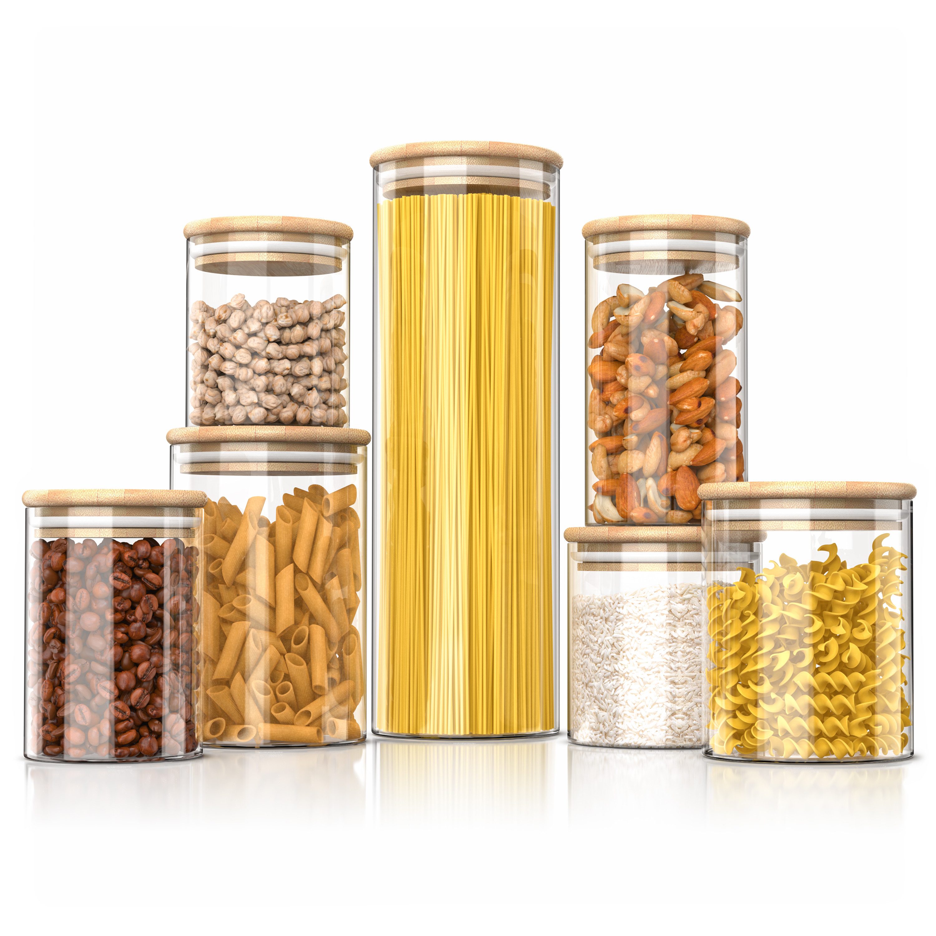 Arendo Aufbewahrungsbecher Glasbehälter-Set 0,56 bis 2,35L Borosilikat rund mit Bambusdeckel, Borosilikatglas; Bambus; Silikon, (Vorratsbehälter-Set, 7-tlg., 7er Set), Hitzebeständig, luftdicht, mikrowellengeeignet und spülmaschinenfest