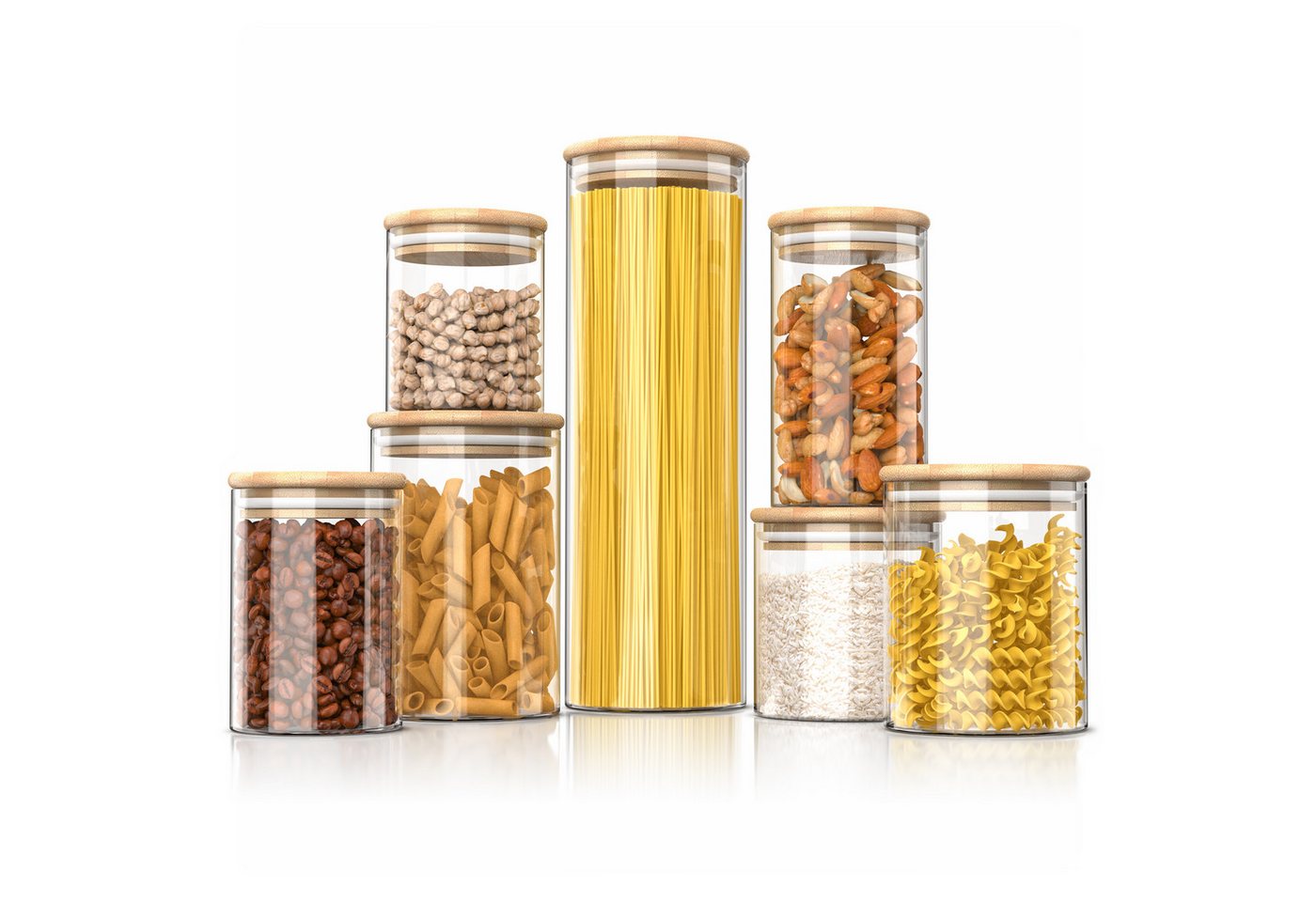 Arendo Aufbewahrungsbecher Glasbehälter-Set 0,56 bis 2,35L Borosilikat rund mit Bambusdeckel, Borosilikatglas, Bambus, Silikon, (Vorratsbehälter-Set, 7-tlg., 7er Set), Hitzebeständig, luftdicht, mikrowellengeeignet und spülmaschinenfest