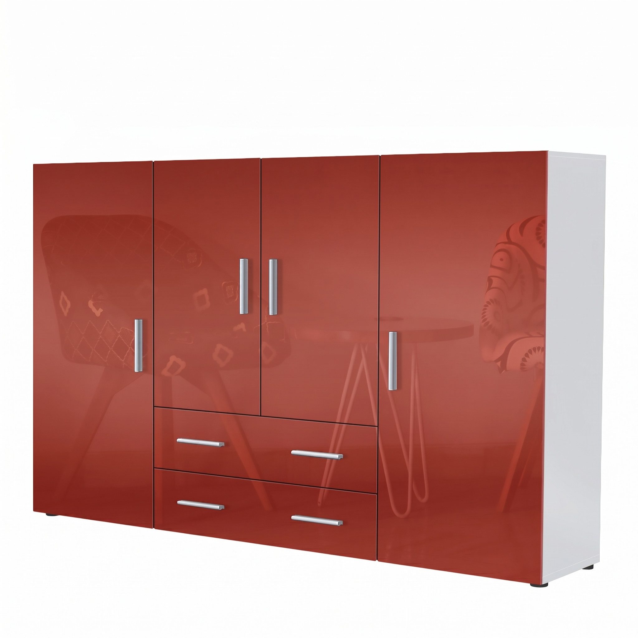 Vladon Highboard Nora (Anrichte mit 2 Schubladen, und 4 Türen mit insgesamt 8 Fächer dahinter), Weiß matt/Bordeaux Hochglanz (166,5 x 106,5 x 35 cm)
