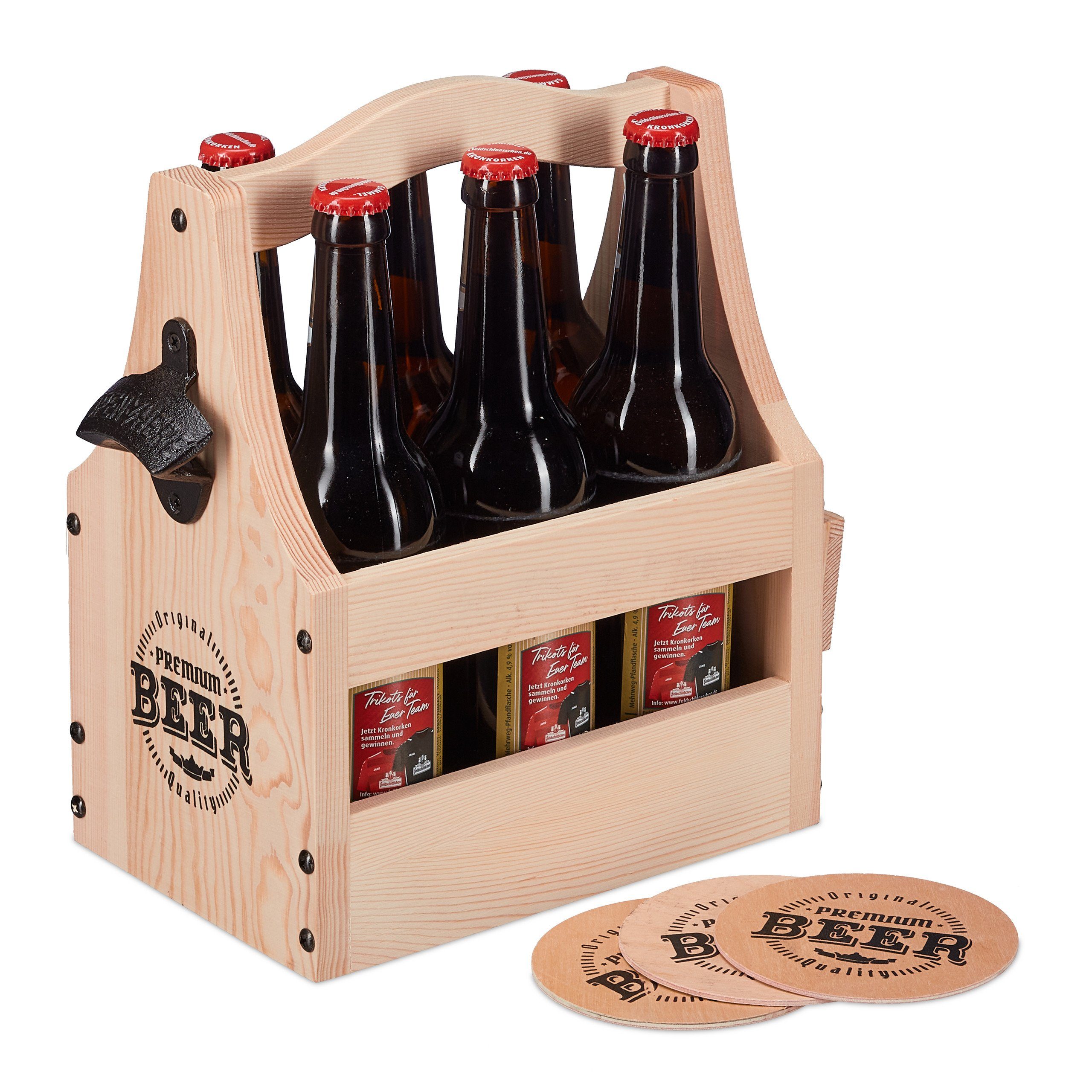 relaxdays Flaschenkorb Bierträger aus Holz mit Flaschenöffner