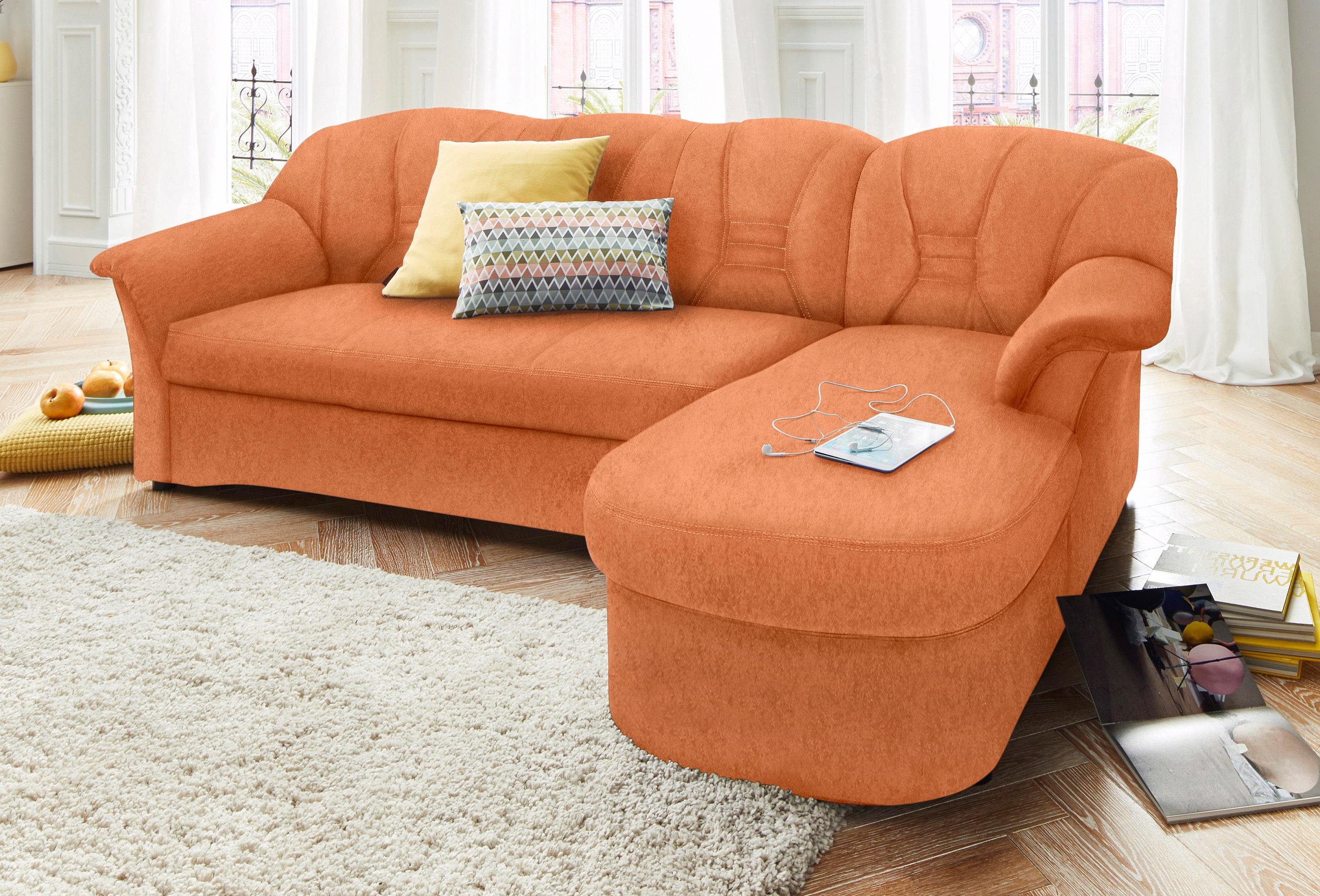 DOMO collection Ecksofa Elva, zeitlose Formensprache, elegante Rückensteppung, L-Form, wahlweise mit Bettfunktion und Federkern