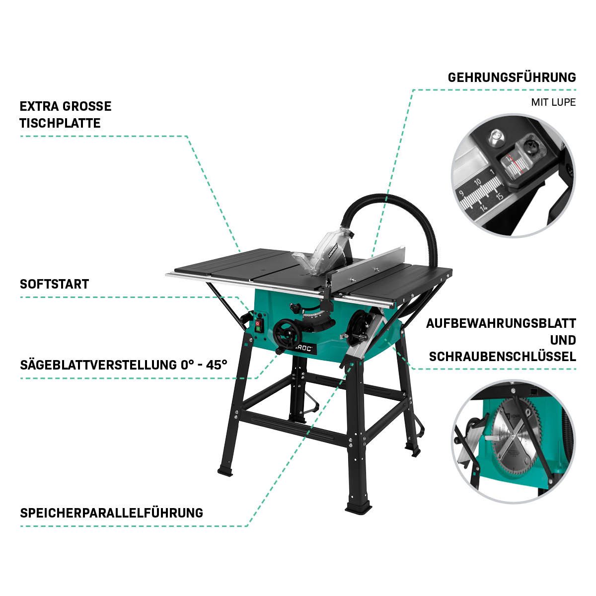 VONROC Tischkreissäge mit Führungsschiene 2000W - Tischsäge mit Staubabsaugung 5000U/min, inkl. Untergestell, Ø250mm - Inkl. Gehrungsführung und 60T Sägeblatt